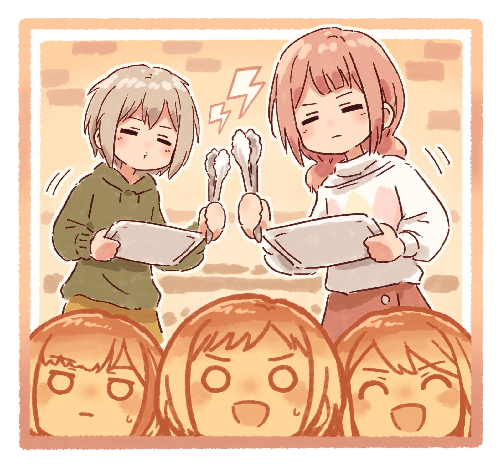 yukitake (xuserpost), aoba moca, hazawa tsugumi, mitake ran, udagawa tomoe, uehara himari, bang dream!, commentary, hashtag-only commentary, highres, 5girls, :d, :|, = =, ^ ^, afterglow (bang dream!), argyle clothes, argyle sweater, border, bread, brown background, closed eyes, closed mouth, food, foodification, green hoodie, grey hair, holding, holding tongs, holding tray, hood, hoodie, light frown, lightning bolt symbol, long sleeves, low twintails, multicolored hair, multiple girls, nervous smile, o3o, o o, open mouth, pink hair, puckered lips, short hair, smile, streaked hair, sweatdrop, sweater, tongs, tray, twintails, v-shaped eyebrows, white border, white sweater
