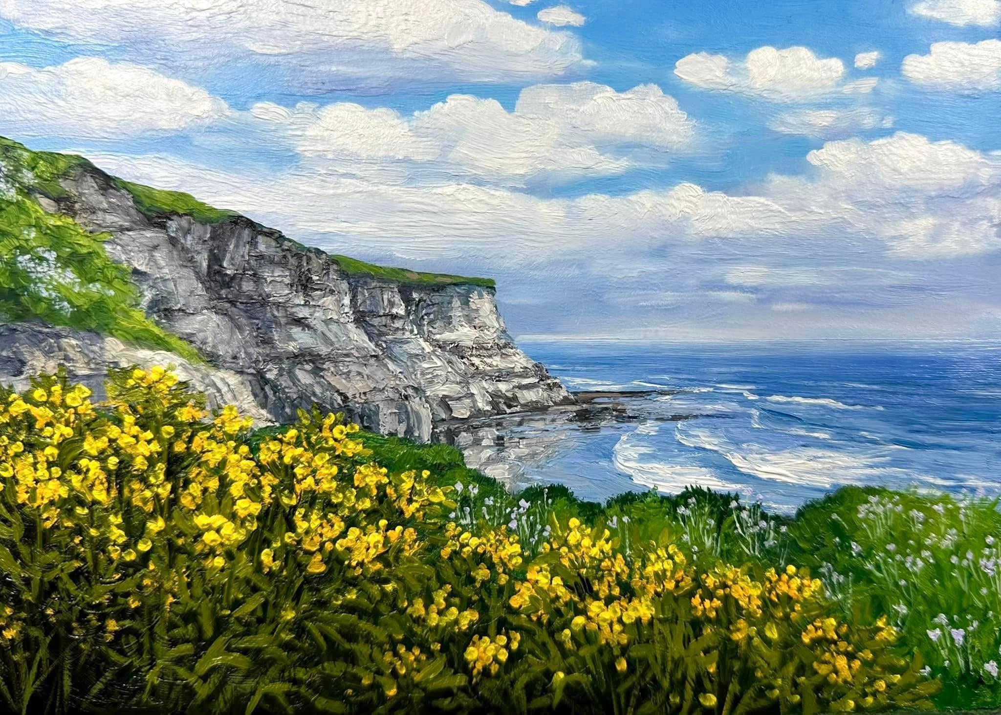 kate avery, original, highres, oil painting (medium), painting (medium), traditional media, blue sky, cliff, cloud, cloudy sky, day, flower, no humans, ocean, outdoors, scenery, sky, yellow flower