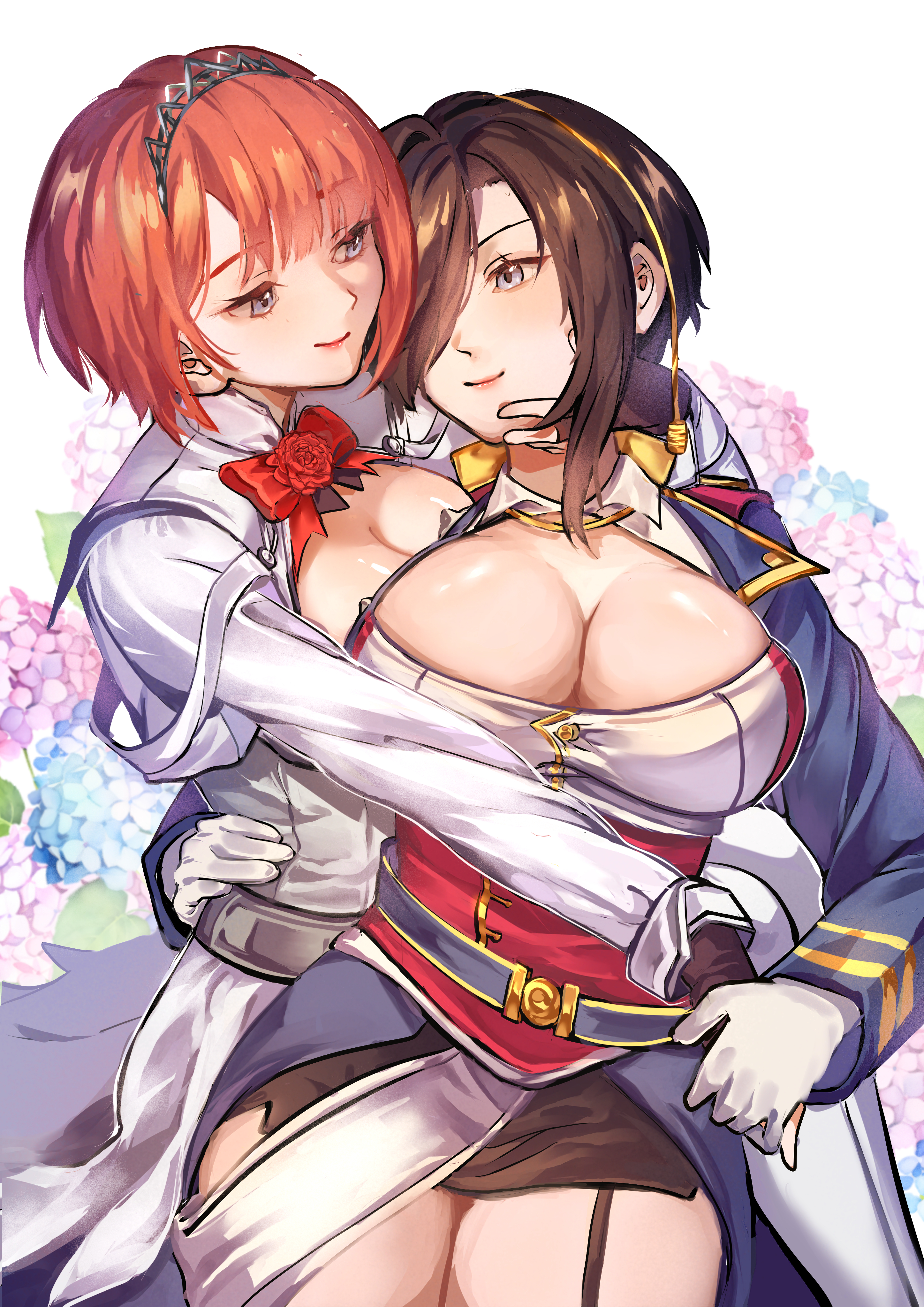 ark royal (azur lane), ark royal (kancolle), azur lane, kantai collection, absurdres, commission, highres, 2girls, black hair, blue eyes, bob cut, breasts, cleavage, couple, crossover, flower, gloves, hair over one eye, historical name connection, hug, hug from behind, inverted bob, large breasts, long sleeves, makamoreee, multiple girls, name connection, red flower, red hair, rose, selfcest, short hair, smile, tiara, yuri