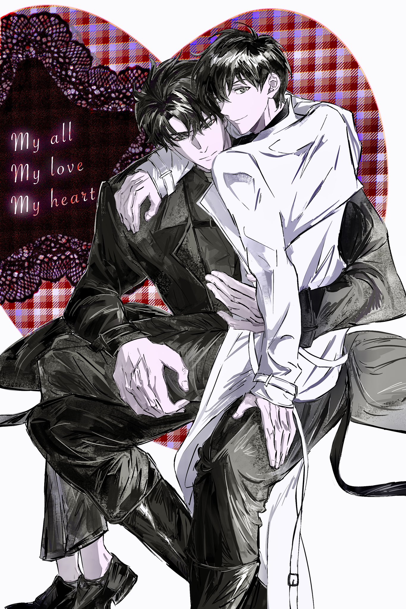 kim dokja, yoo joonghyuk, omniscient reader's viewpoint, commentary, english commentary, highres, 2boys, 8d2suga9, arm around back, arm around neck, black coat, black eyes, black hair, black shirt, coat, crossed ankles, english text, full body, hand on another's leg, large hands, looking at viewer, looking back, male focus, multiple boys, open clothes, open coat, popped collar, shirt, short hair, sitting, sitting on lap, sitting on person, smile, white coat, yaoi