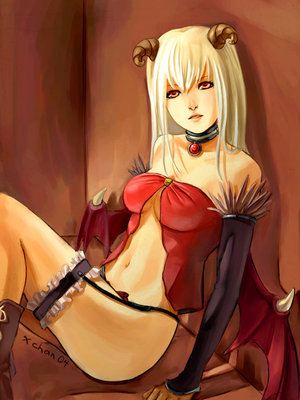 lowres, source request, bat wings, collar, demon girl, horns, wings