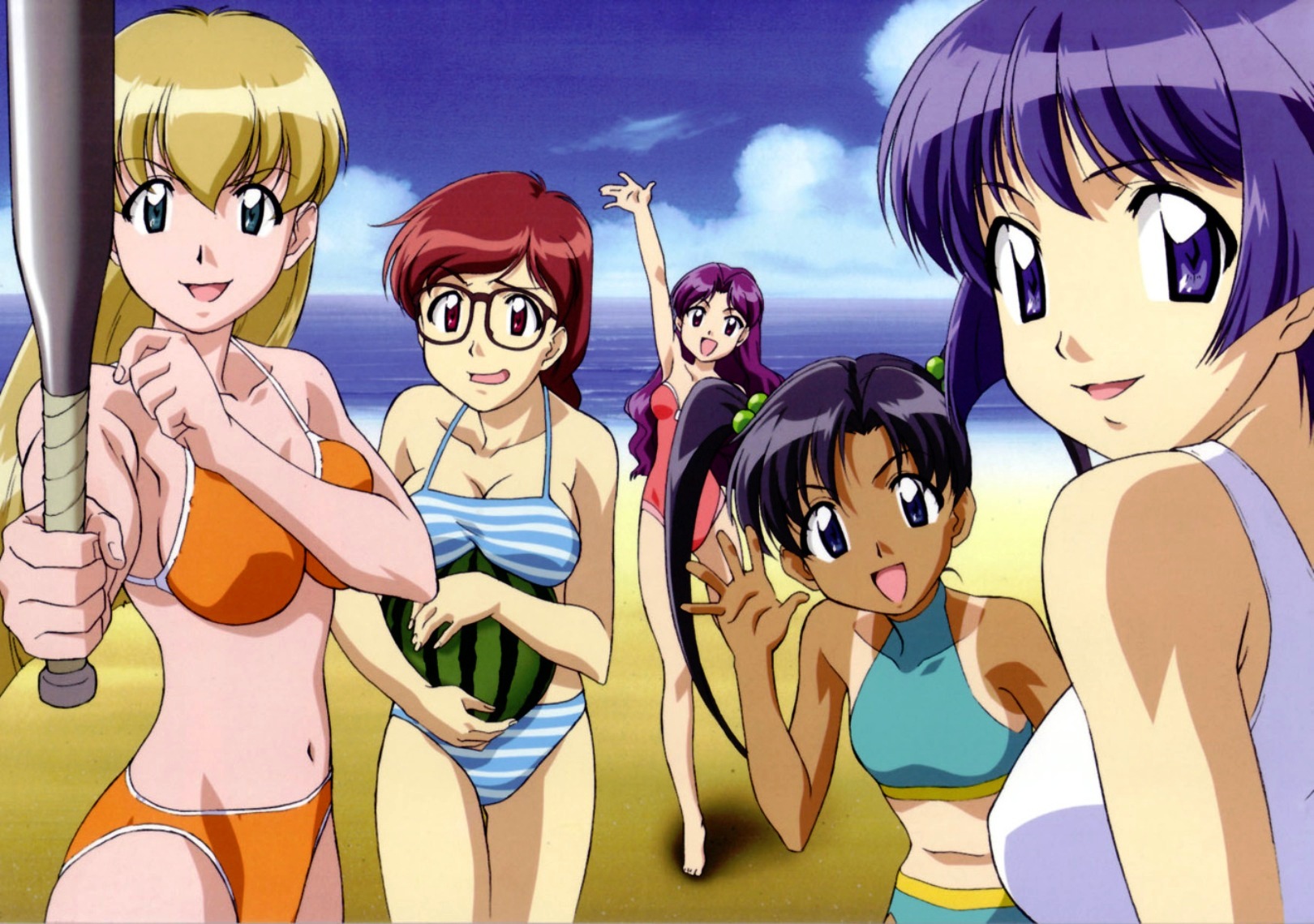 fumizuki kou, minazuki chika, minazuki taeko, miyuki mayu, sakuraba aoi, tina foster, ai yori aoshi, highres, official art, 5girls, :d, age difference, aqua eyes, arm up, barefoot, baseball bat, beach, bikini, black hair, blonde hair, blue eyes, blue hair, bob cut, braid, breast press, breast rest, breasts, casual one-piece swimsuit, cleavage, cloud, day, everyone, feet, food, foreshortening, from behind, fruit, glasses, hair between eyes, hair bobbles, hair ornament, halterneck, large breasts, long hair, looking back, medium breasts, multiple girls, navel, one-piece swimsuit, one-piece tan, open mouth, outdoors, outstretched arm, parted bangs, purple eyes, purple hair, red eyes, red hair, shadow, short hair, sideboob, single braid, sky, smile, sports bikini, standing, striped bikini, striped clothes, swimsuit, tan, tanline, thigh gap, turtleneck, twintails, water, watermelon, waving, wavy hair
