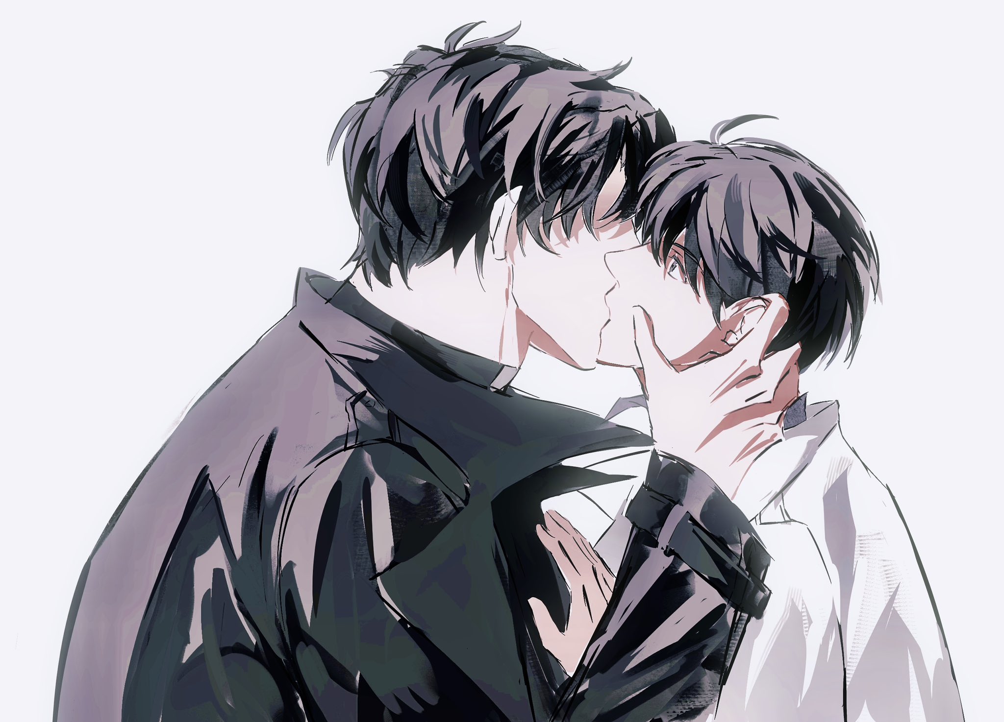 kim dokja, yoo joonghyuk, omniscient reader's viewpoint, commentary, highres, symbol-only commentary, 2boys, 8d2suga9, black coat, black eyes, black hair, coat, curtained hair, hand on another's chest, hand on another's face, kiss, multiple boys, open clothes, open coat, popped collar, short hair, surprised, upper body, white coat, wide-eyed, yaoi