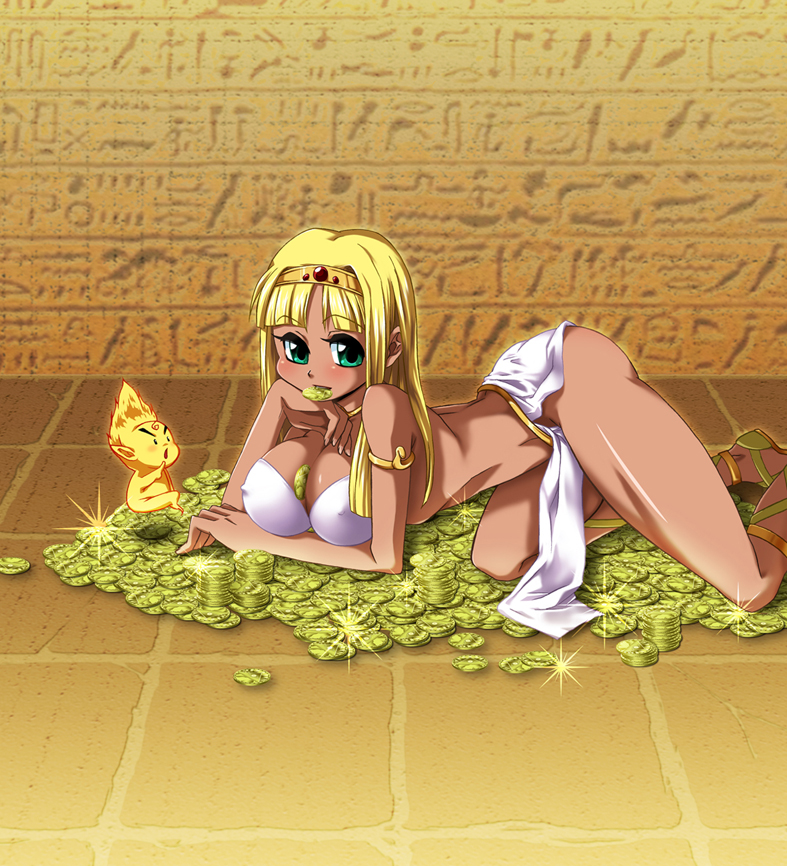 claire (hihouden), hihouden, 1girl, ancient egyptian, between breasts, blonde hair, bracelet, breasts, cleavage, coin, egypt, female focus, gold, green eyes, head rest, hieroglyphs, hovering, indoors, jewelry, large breasts, long hair, looking at viewer, midriff, mouth hold, no bra, pointy ears, revealing clothes, solo, treasure