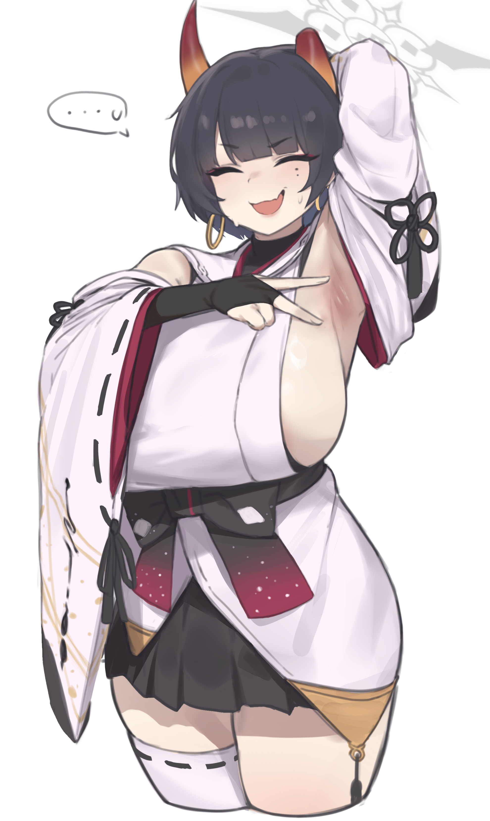 minishell, niya (blue archive), blue archive, absurdres, commentary, highres, 1girl, :d, ^ ^, armpits, black hair, black skirt, breasts, bridal gauntlets, closed eyes, detached sleeves, earrings, grey halo, halo, hoop earrings, horns, huge breasts, japanese clothes, jewelry, kimono, mole, mole under eye, open mouth, orange horns, presenting armpit, short hair, simple background, single thighhigh, skirt, smile, solo, thighhighs, thighs, white background, white kimono, white sleeves, white thighhighs, wide sleeves