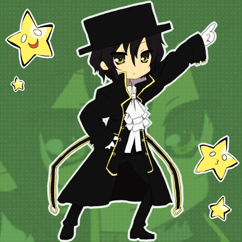gilbert nightray, lucky star, pandora hearts, lowres, 1boy, black hair, chibi, coat, crossover, frills, gathers, gilbert, gloves, hat, male focus, nightray raven, parody, short hair, solo, star (symbol), top hat, trench coat, yellow eyes