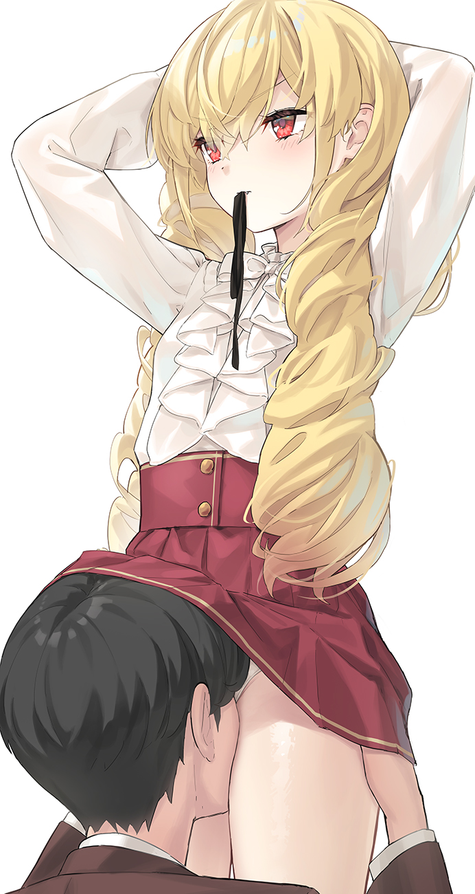 peragura, original, commentary request, highres, 1boy, 1girl, arms behind head, arms up, black hair, black ribbon, blonde hair, blush, bow, breasts, brown jacket, closed mouth, fang, fang out, hair between eyes, head under skirt, hetero, jacket, long hair, long sleeves, mouth hold, panties, puffy long sleeves, puffy sleeves, red eyes, red skirt, ribbon, ribbon in mouth, shirt, simple background, skirt, small breasts, solo focus, twintails, underwear, v-shaped eyebrows, very long hair, white background, white bow, white panties, white shirt