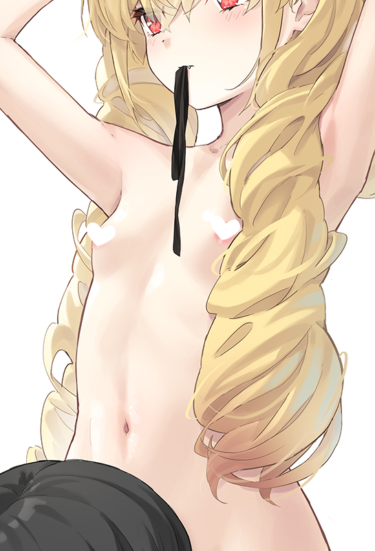 peragura, original, 1boy, 1girl, armpits, arms behind head, arms up, black hair, black ribbon, blonde hair, blush, breasts, censored, closed mouth, collarbone, fang, fang out, hair between eyes, heart, heart censor, hetero, long hair, mouth hold, nude, out-of-frame censoring, red eyes, ribbon, ribbon in mouth, simple background, small breasts, solo focus, twintails, v-shaped eyebrows, very long hair, white background