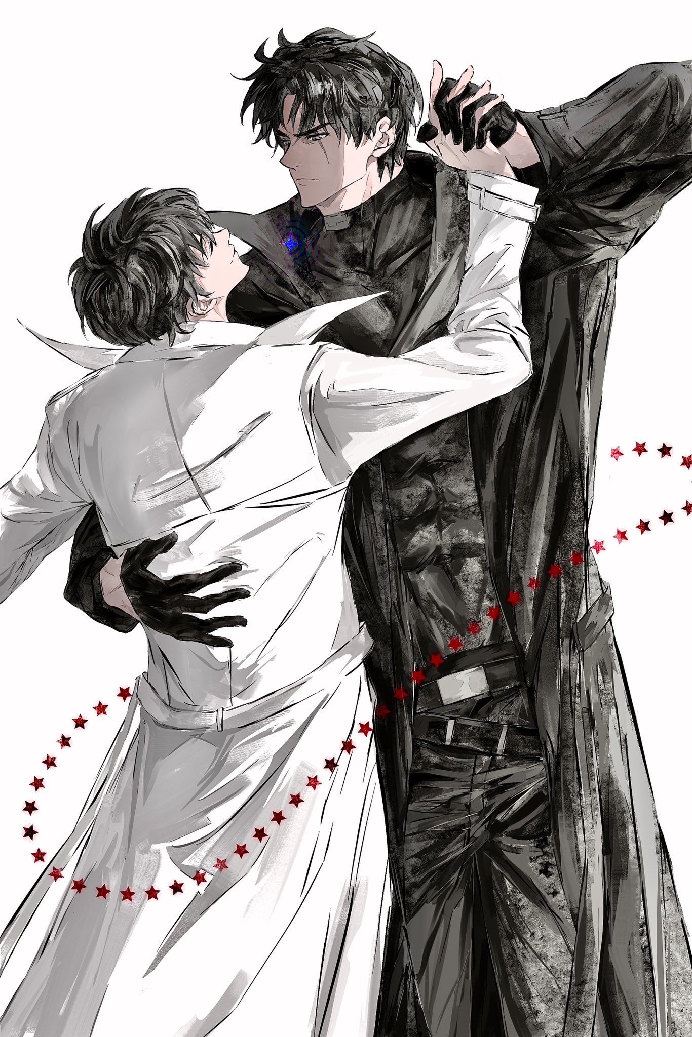 kim dokja, secretive plotter, yoo joonghyuk, omniscient reader's viewpoint, highres, 2boys, 8d2suga9, abs, black coat, black gloves, black hair, black shirt, coat, cowboy shot, dancing, gloves, hand on another's back, holding hands, multiple boys, open clothes, open coat, popped collar, shirt, short hair, smile, star (symbol), toned, toned male, white coat, yaoi