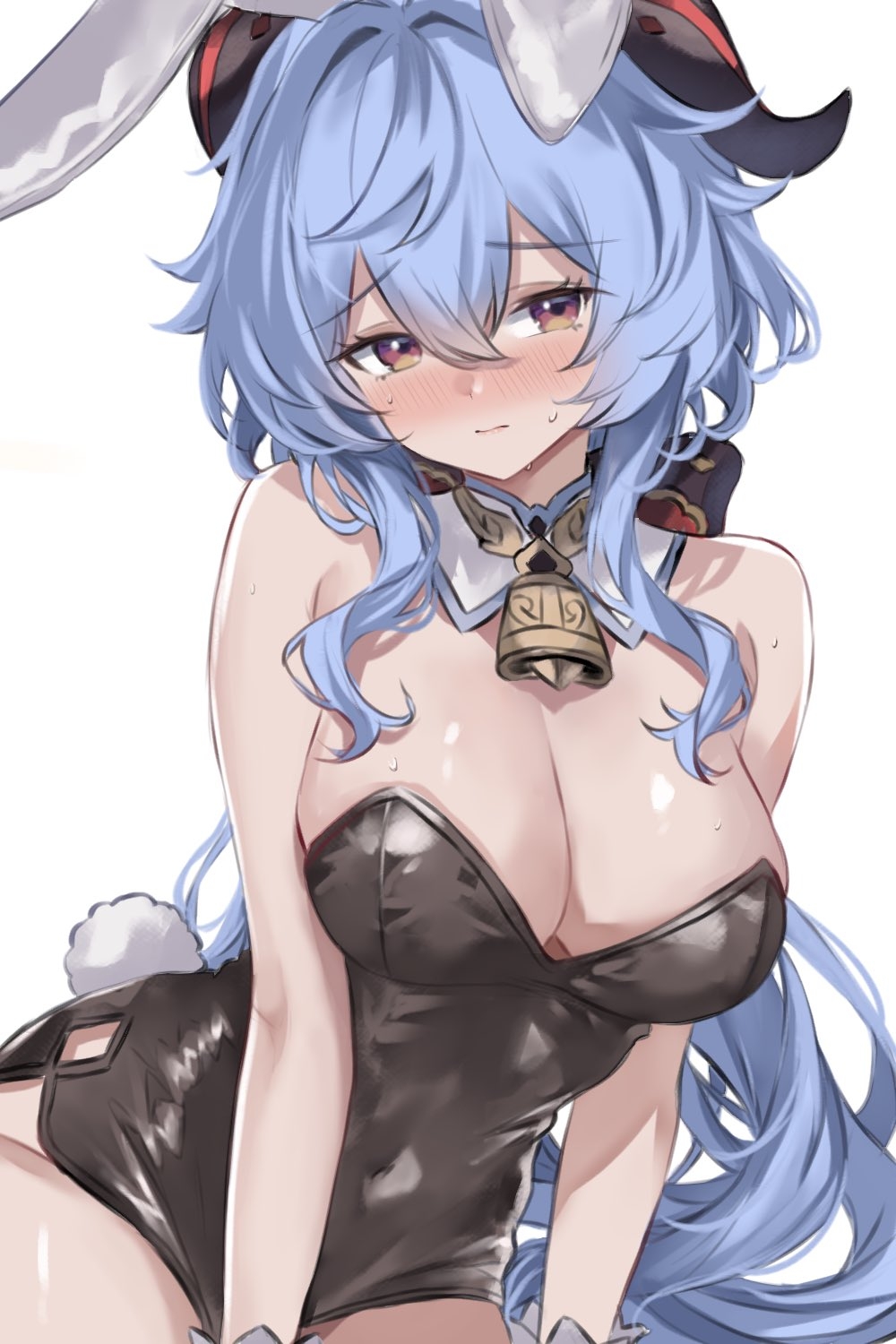 cobra (cobra 63), ganyu (genshin impact), genshin impact, commentary, highres, symbol-only commentary, 1girl, alternate costume, animal ears, bare shoulders, bell, black leotard, blue hair, blush, breasts, cleavage, closed mouth, covered navel, cowbell, curvy, fake animal ears, fake tail, goat horns, hair between eyes, horns, large breasts, leotard, long hair, looking at viewer, neck bell, playboy bunny, purple eyes, rabbit ears, rabbit tail, simple background, solo, strapless, strapless leotard, tail, thick thighs, thighs, very long hair, white background