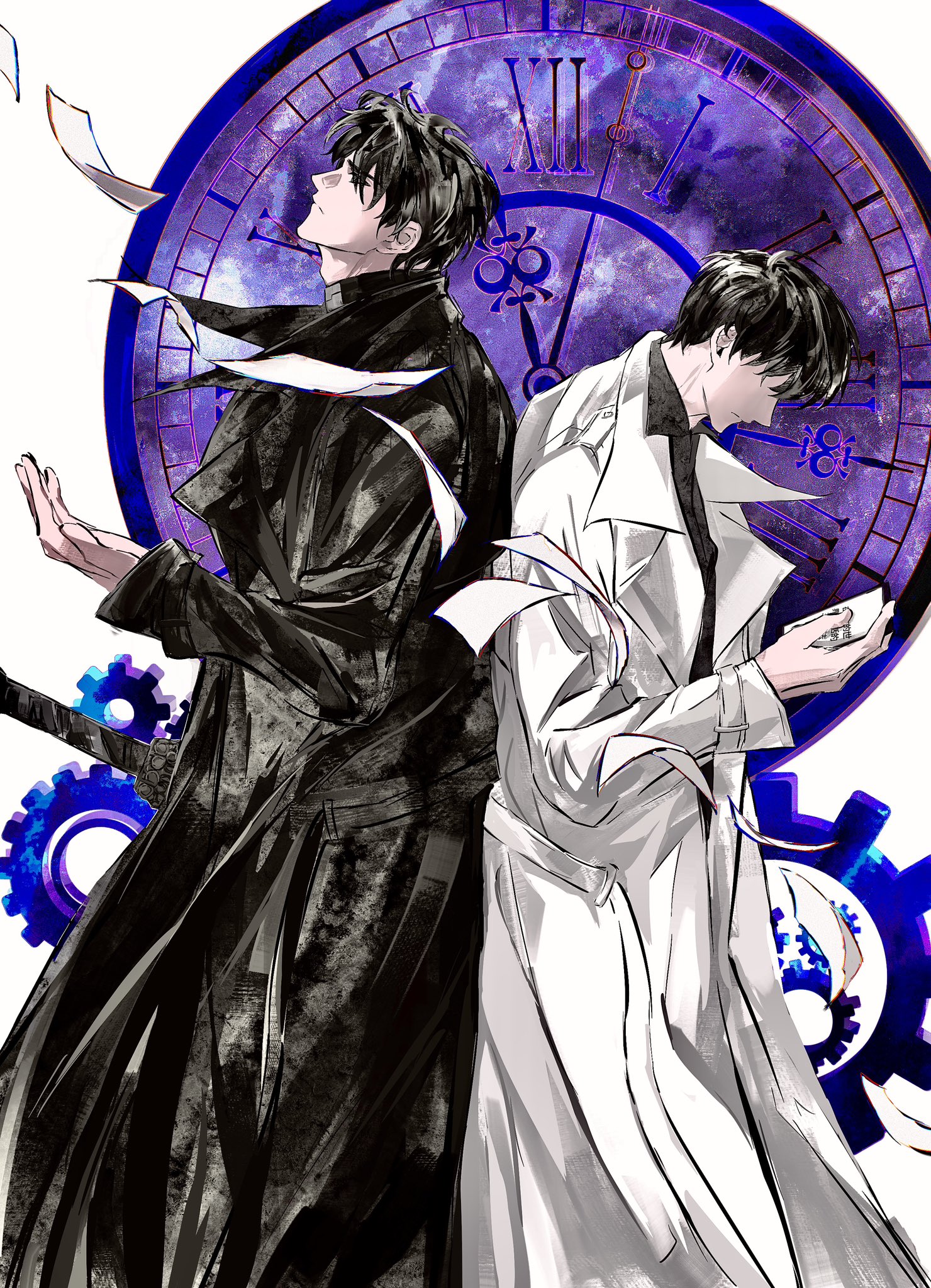 kim dokja, yoo joonghyuk, omniscient reader's viewpoint, highres, 2boys, 8d2suga9, back-to-back, black coat, black hair, black shirt, coat, falling paper, from side, gears, head tilt, looking at object, male focus, multiple boys, open clothes, open coat, outstretched hand, pocket watch, popped collar, roman numeral, shirt, short hair, watch, white coat