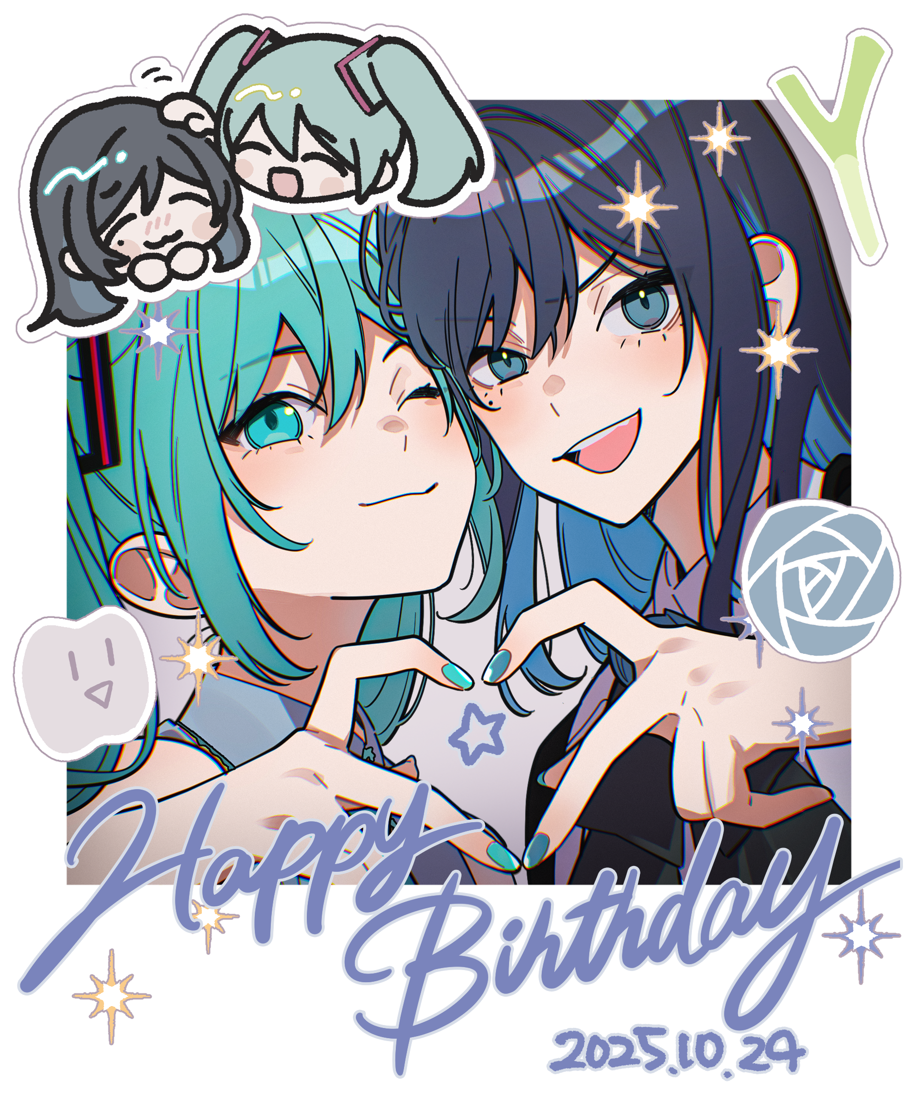 riseno, chando (ado), hatsune miku, ado (utaite), vocaloid, commentary request, highres, 2girls, :3, aqua eyes, aqua hair, aqua nails, black hair, blue hair, chibi, closed mouth, colored inner hair, dated, fang, happy birthday, headpat, heart, heart hands, heart hands duo, long hair, mole, mole under eye, multicolored hair, multiple girls, nail polish, open mouth, teeth, upper teeth only