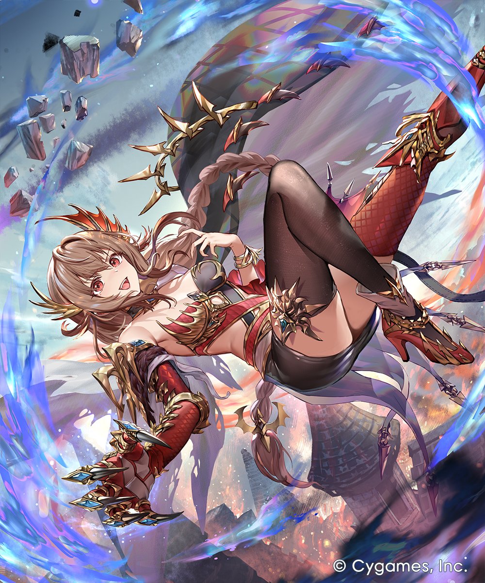 77gl, galmieux (shadowverse), shadowverse, shadowverse: worlds beyond, highres, official art, 1girl, asymmetrical clothes, braid, braided ponytail, breasts, brown hair, cleavage, copyright notice, dragon claw, dragon girl, dragon horns, fire, hair between eyes, hair ornament, high heels, horns, long hair, open mouth, red eyes, red shoes, shoes, solo, teeth, thighhighs, upper teeth only