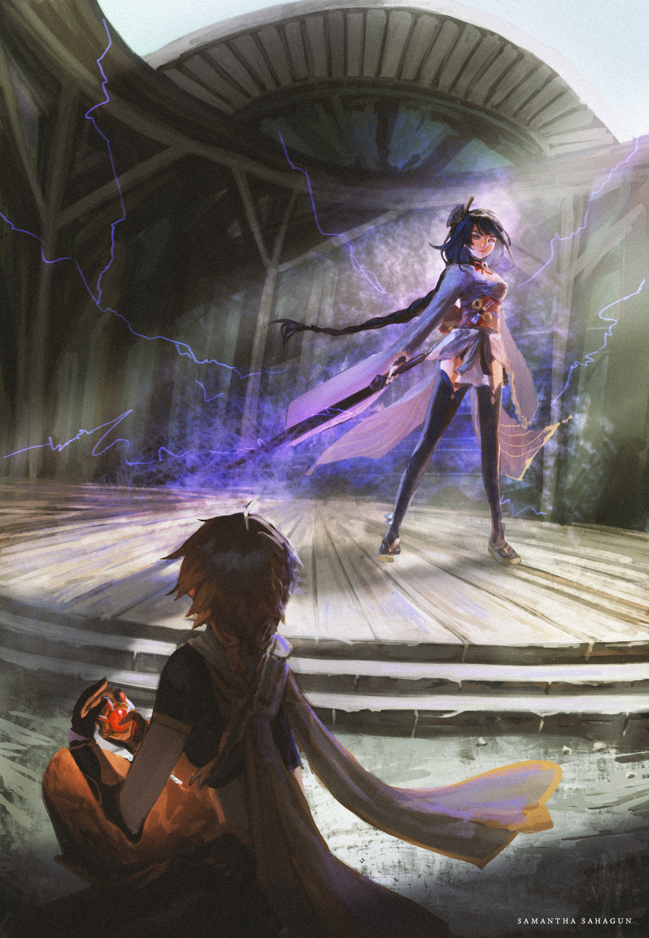himaeart, aether (genshin impact), raiden shogun, genshin impact, commentary, english commentary, highres, 1boy, 1girl, artist name, black thighhighs, blonde hair, blunt bangs, braid, couple, crop top, electricity, friends, from behind, full body, gloves, glowing, glowing sword, glowing weapon, hair flowing over, hair ornament, holding, holding sword, holding weapon, japanese clothes, katana, kimono, kneeling, long braid, long hair, looking down, mitsudomoe (shape), musou isshin (genshin impact), neck ribbon, outdoors, pants, powering up, purple eyes, purple hair, purple kimono, red ribbon, red sash, ribbon, sash, scarf, short sleeves, single braid, stairs, standing, sword, thighhighs, thighs, tomoe (symbol), upper body, vision (genshin impact), weapon