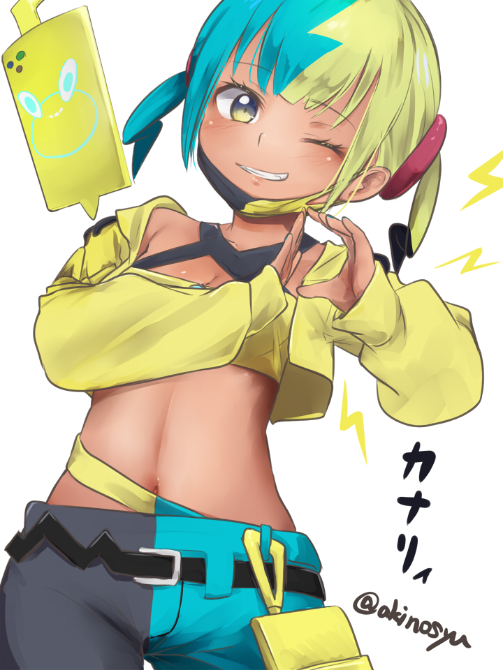 akino shuu, canari (pokemon), rotom, rotom phone, nintendo, pokemon, pokemon legends: z-a, commentary request, 1girl, artist name, black mask, black pants, blonde hair, blue hair, blue pants, character name, cowboy shot, cropped jacket, dark-skinned female, dark skin, gen 4 pokemon, grin, jacket, lightning bolt symbol, long sleeves, looking at viewer, mask, mask pull, mouth mask, multicolored hair, navel, one eye closed, pants, parted lips, puffy long sleeves, puffy sleeves, short hair, smile, solo, split-color hair, sports bra, twintails, twitter username, two-tone hair, two-tone mask, two-tone pants, yellow eyes, yellow jacket, yellow mask, yellow sports bra