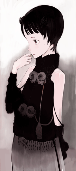 okama, original, archived source, bad link, 1girl, arm behind back, arm warmers, black arm warmers, black eyes, black shirt, blunt bangs, closed mouth, collared shirt, cowboy shot, fur collar, fur shirt, grey background, grey skirt, greyscale, high collar, mole, monochrome, profile, shirt, short hair, simple background, skirt, sleeveless, sleeveless shirt, solo