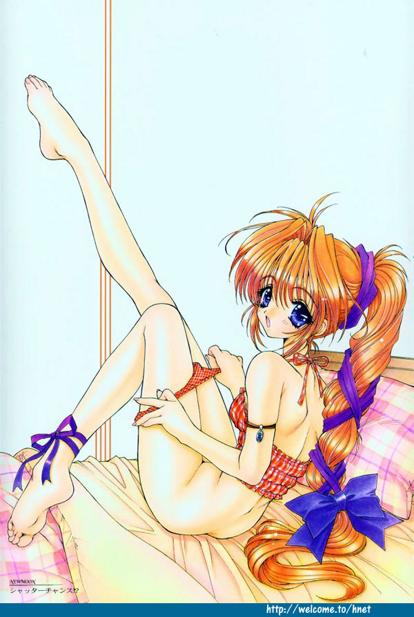 ramiya ryou, 1girl, ankle ribbon, armlet, ass, back, barefoot, blue eyes, bottomless, bow, breasts, feet, female focus, from side, full body, hair bow, halterneck, indoors, jewelry, leg ribbon, legs, long hair, panties, pillow, plaid pillow, ponytail, red hair, red panties, removing panties, retro artstyle, ribbon, sitting, solo, underwear, undressing, very long hair, watermark, web address