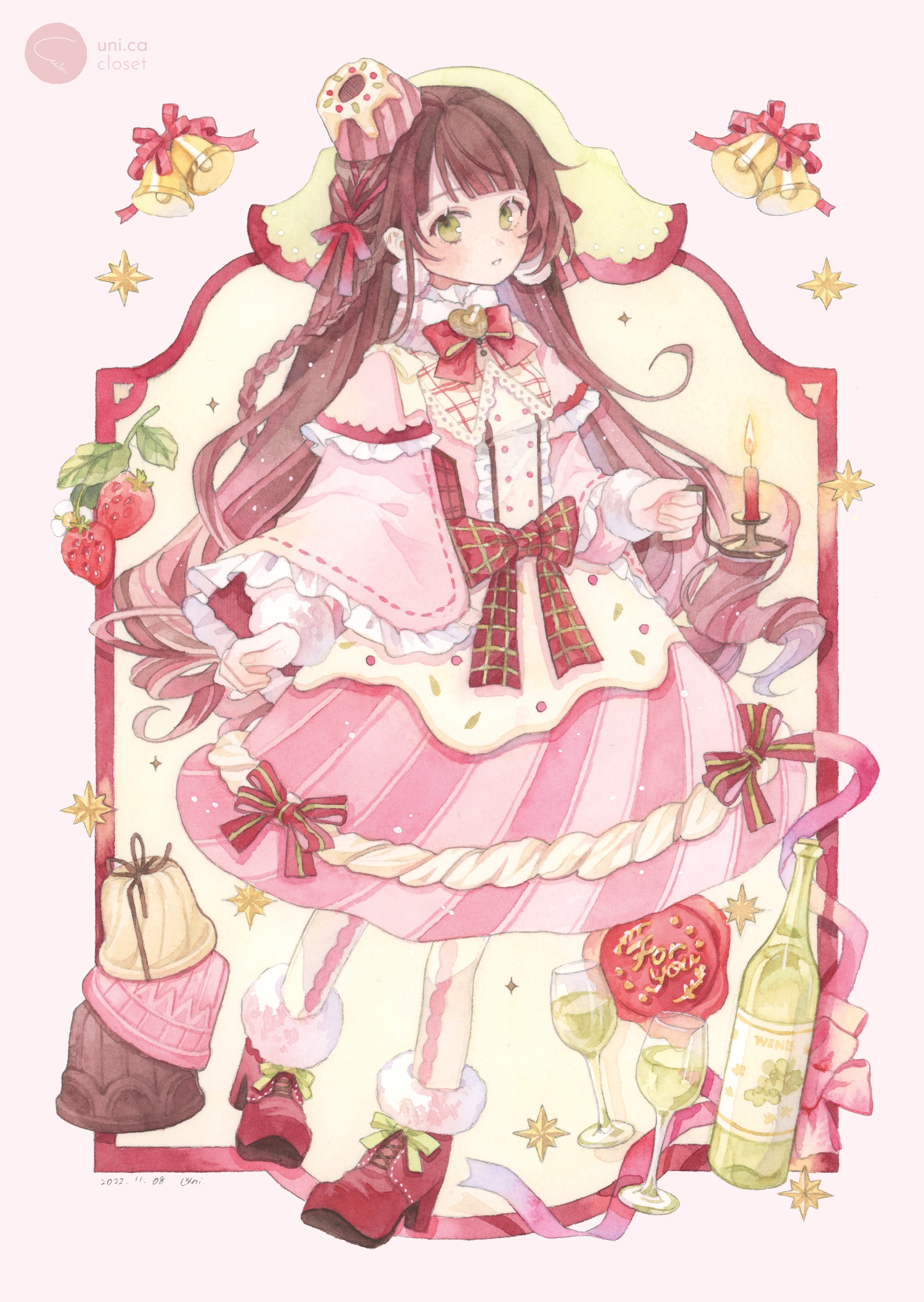 uni (setsuna gumi39), original, absurdres, commentary, highres, painting (medium), traditional media, watercolor (medium), 1girl, alcohol, bell, blunt bangs, boots, bottle, bow, bowtie, braid, brooch, brown hair, cake hat, candle, candlestand, capelet, center frills, christmas, cup, dated, dress, drill hair, drinking glass, earrings, fire, food, frilled capelet, frilled shirt collar, frills, fruit, full body, fur-trimmed boots, fur-trimmed dress, fur trim, green bow, green eyes, hair ornament, hair ribbon, hat, heart, heart brooch, high collar, high heel boots, high heels, holding candlestand, jewelry, lolita fashion, long braid, long hair, long sleeves, looking to the side, mini hat, open mouth, pigeon-toed, pink capelet, pink dress, pom pom (clothes), pom pom earrings, pom pom hair ornament, puritan collar, red boots, red bow, red ribbon, ribbon, signature, socks, solo, standing, strawberry, very long hair, white socks, wine, wine bottle, wine glass