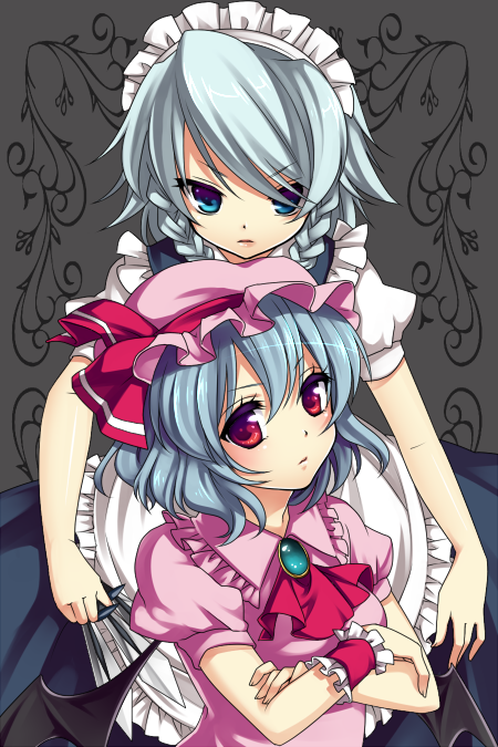masaru.jp, izayoi sakuya, remilia scarlet, touhou, bad id, bad pixiv id, 2girls, bat wings, blue eyes, blue hair, braid, female focus, hairband, hat, knife, maid, multiple girls, red eyes, short hair, twin braids, upper body, wings