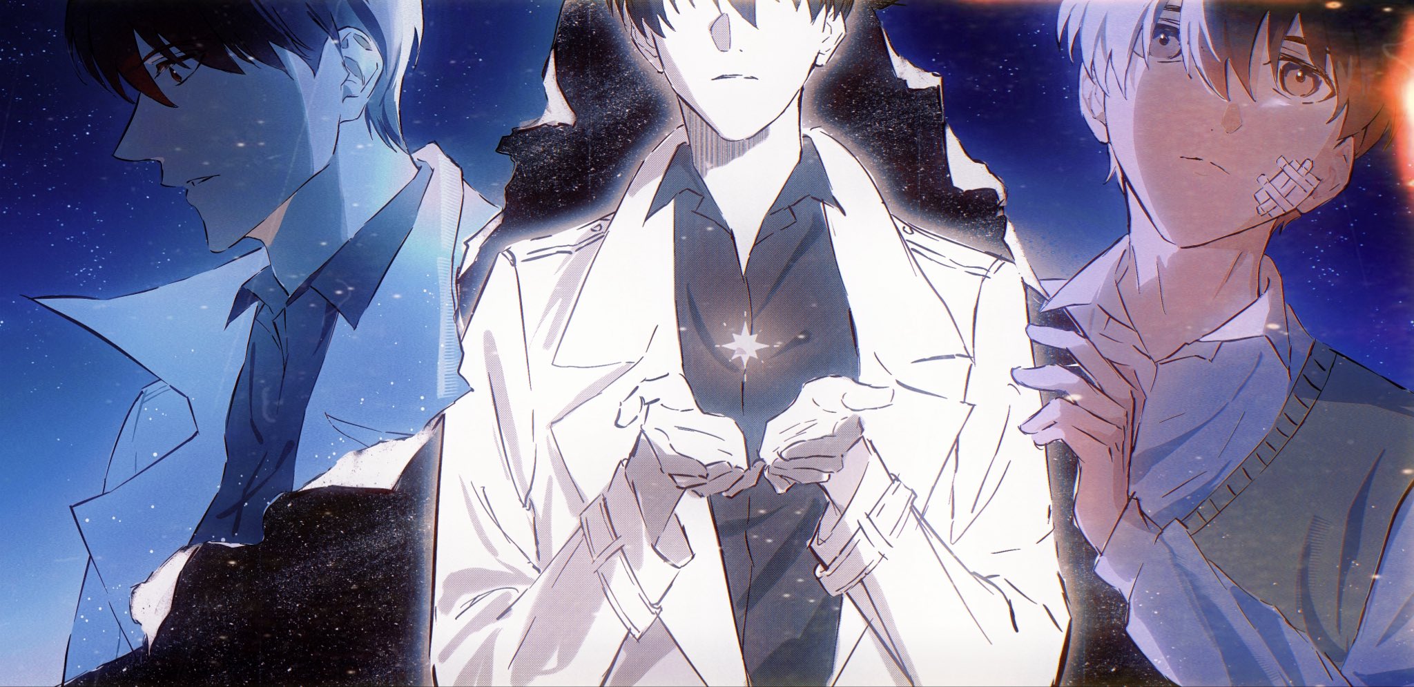 kim dokja, oldest dream, omniscient reader's viewpoint, commentary, english commentary, highres, 3boys, 8d2suga9, bandage on face, bandages, black hair, black shirt, brown eyes, coat, collared shirt, eyes out of frame, facing viewer, glowing, head out of frame, looking at viewer, multiple boys, multiple persona, object floating above hand, open clothes, open coat, own hands together, popped collar, serious, shirt, short hair, sky, sparkle, star (sky), starry sky, starry sky print, symbolism, torn paper, vest, white coat, white shirt, wide-eyed, yellow vest