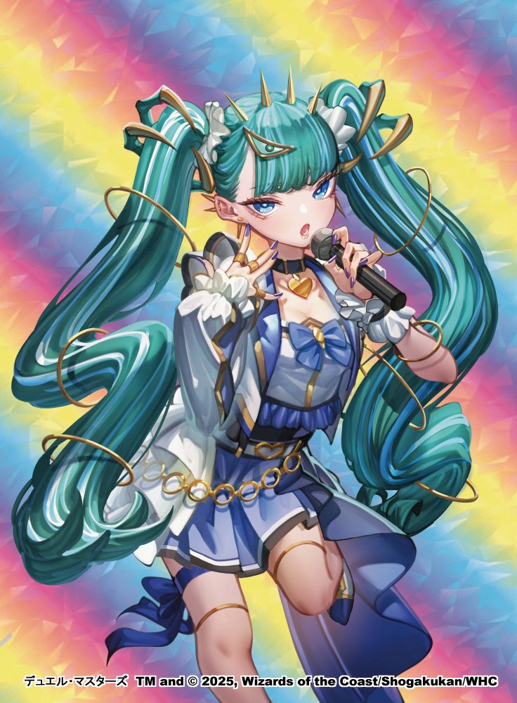 gamazou, duel masters, official art, 1girl, 2025, aqua hair, blue eyes, copyright notice, hair ornament, hair scrunchie, heart collar, holding, holding microphone, idol clothes, jacket, jewelry, long hair, lower teeth only, microphone, multicolored hair, nagarekawa sou, open clothes, open jacket, open mouth, purple nails, rainbow background, ring, scrunchie, solo, teeth, thigh strap, twintails, white hair, white jacket, white scrunchie