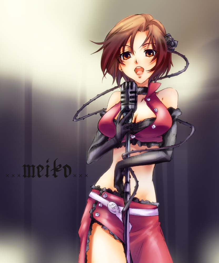 kawagoe pochi, meiko (vocaloid), vocaloid, 1girl, breasts, brown eyes, brown hair, character name, elbow gloves, female focus, flower, gloves, hair flower, hair ornament, microphone, microphone stand, midriff, music, side slit, singing, solo, thorns