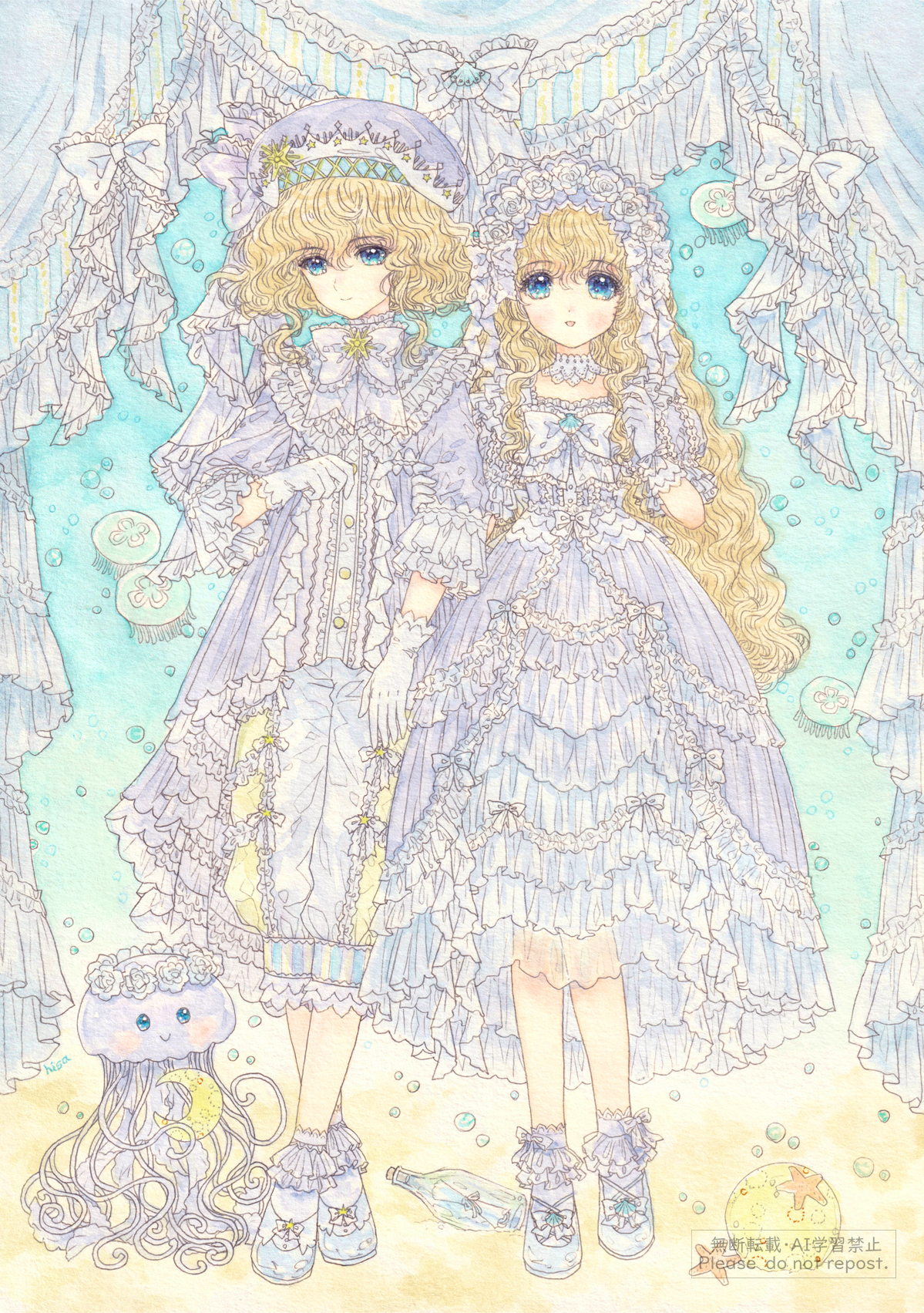 hisakata (hisa nn), original, highres, painting (medium), traditional media, watercolor (medium), 1boy, 1girl, aqua eyes, blonde hair, blue hair, bubble, crescent, dress, jellyfish, long hair, moon, open mouth, sand, standing, star (symbol), starfish, water, white dress