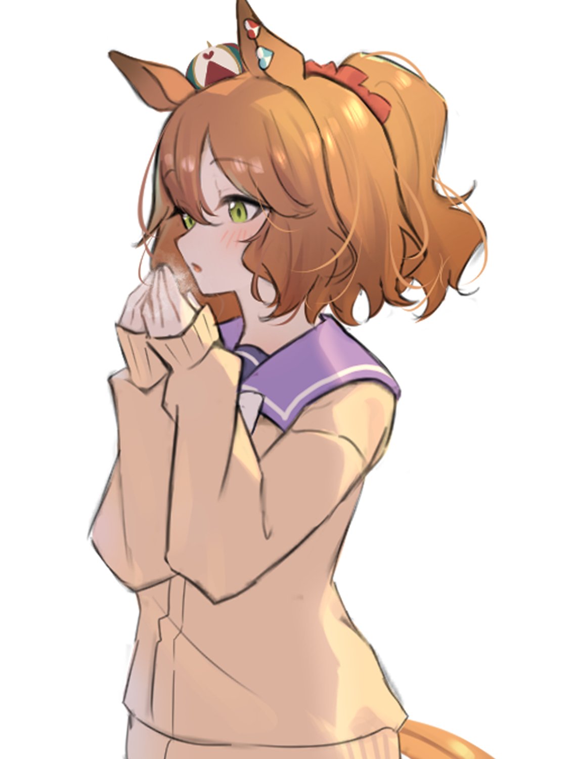 katuko deluxe, aston machan (umamusume), umamusume, highres, 1girl, animal ears, brown cardigan, brown hair, cardigan, crown, from side, green eyes, horse ears, horse girl, horse tail, long sleeves, medium hair, open mouth, ponytail, purple sailor collar, sailor collar, school uniform, simple background, solo, tail, tracen school uniform, warming hands, white background