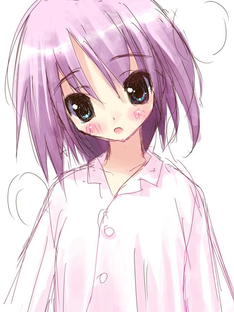 tsurusaki takahiro, bad id, bad pixiv id, blue eyes, blush, child, collarbone, head tilt, open mouth, pajamas, purple hair, short hair, solo