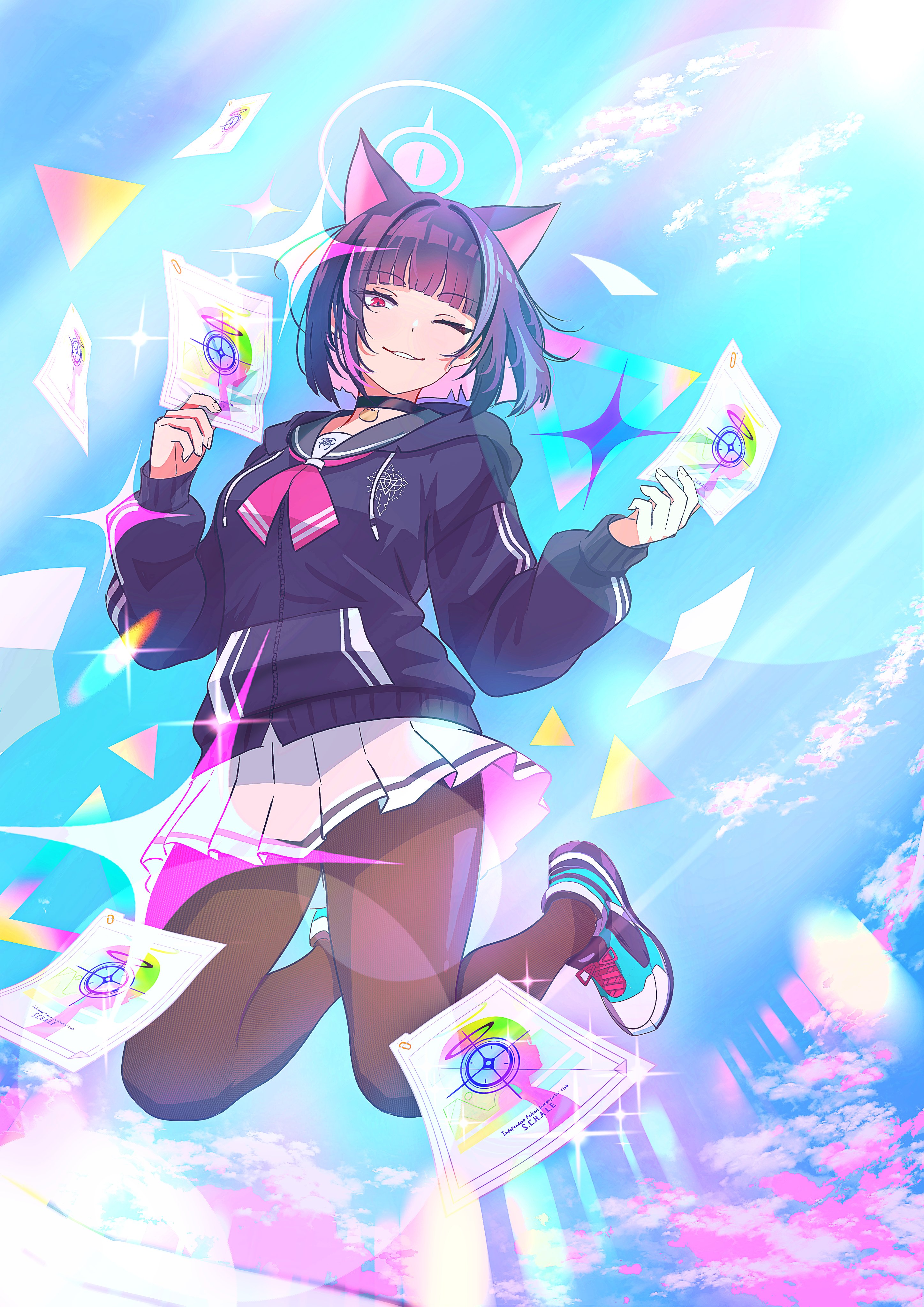 himmel gewalt, kazusa (blue archive), blue archive, absurdres, commentary request, highres, 1girl, animal ears, aqua shoes, black choker, black hair, black jacket, blunt bangs, brown pantyhose, cat ears, choker, colored inner hair, envelope, halo, holding, holding envelope, hood, hooded jacket, jacket, long sleeves, looking at viewer, midair, multicolored hair, neckerchief, one eye closed, pantyhose, pink hair, pink neckerchief, pleated skirt, red eyes, school uniform, shoes, short hair, skirt, smile, solo, white skirt