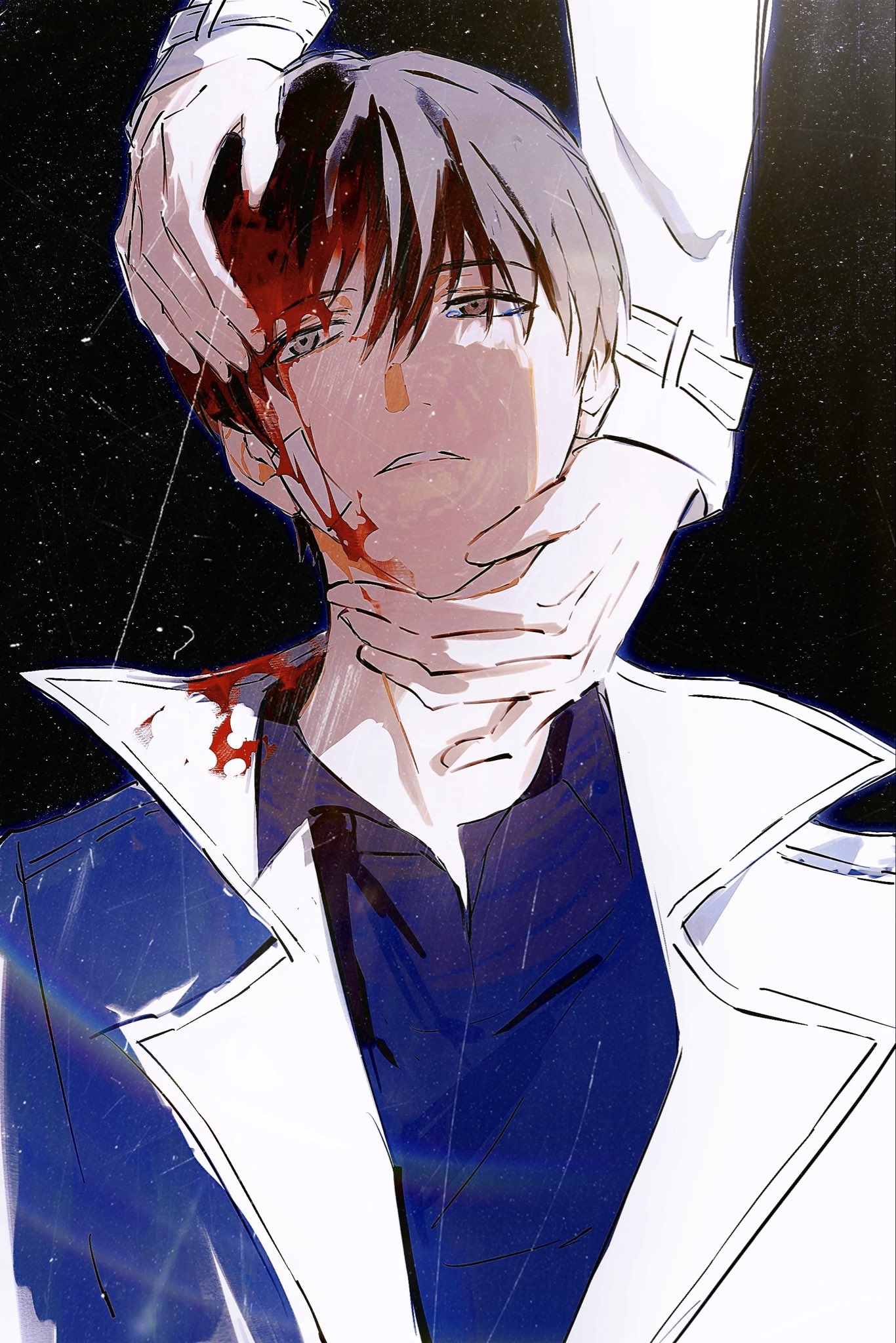 kim dokja, secretive plotter, yoo joonghyuk, omniscient reader's viewpoint, commentary request, highres, korean commentary, 1boy, 1other, 8d2suga9, bandage on face, bandages, black hair, black shirt, blank stare, blood, blood from forehead, blood on clothes, blood on face, coat, collared shirt, hand on another's head, lens flare, looking at viewer, open clothes, open coat, parted lips, popped collar, shirt, short hair, sky, space, star (sky), starry sky, upper body, white coat