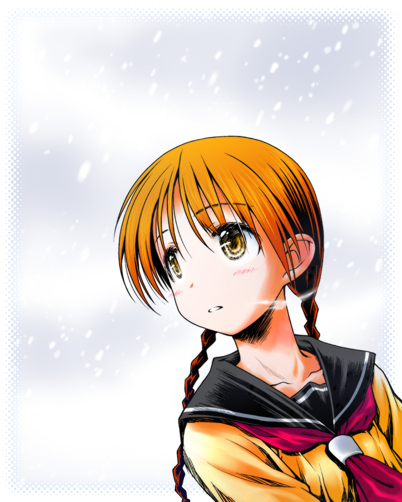 braid, brown hair, long hair, school uniform, snow, solo, twin braids, yellow eyes