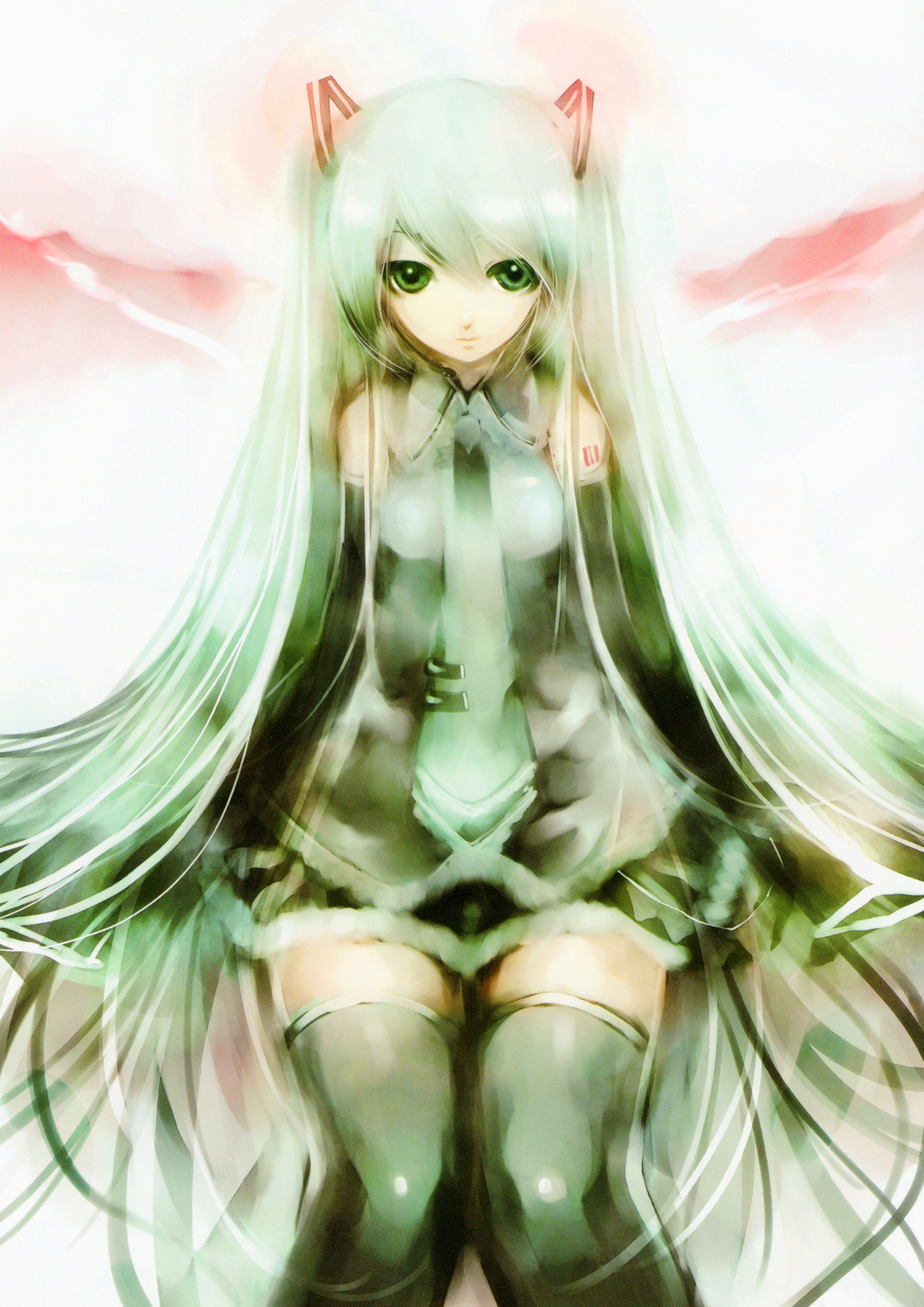 kei (keigarou), hatsune miku, vocaloid, absurdres, highres, painting (medium), traditional media, watercolor (medium), 1girl, bare shoulders, faux traditional media, female focus, green eyes, green hair, long hair, matching hair/eyes, necktie, solo, speed painting, thighhighs, twintails, very long hair, zettai ryouiki