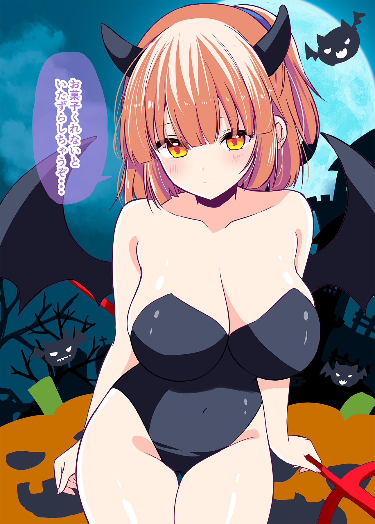 shiwasu horio, arle nadja, madou monogatari, puyopuyo, commentary request, highres, translation request, 1girl, bare arms, bare shoulders, bare tree, black leotard, black wings, blush, breasts, brown hair, building, closed mouth, cloud, collarbone, covered navel, demon girl, demon horns, demon tail, full moon, groin, hair between eyes, halloween, holding, holding polearm, holding weapon, horns, jack-o'-lantern, large breasts, leotard, looking at viewer, moon, night, night sky, outdoors, polearm, ponytail, sky, solo, strapless, strapless leotard, tail, tower, tree, trident, weapon, wings, yellow eyes