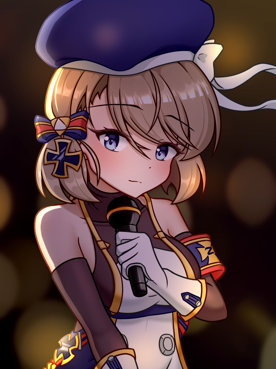 baiyi, z23 (azur lane), azur lane, commentary request, highres, 1girl, bare shoulders, beret, blue eyes, blush, bow, breasts, brown hair, buttons, cross, double-breasted, dress, gloves, hair bow, hat, holding, holding microphone, iron cross, light smile, looking at viewer, medium breasts, medium hair, microphone, solo, upper body, white dress, white gloves