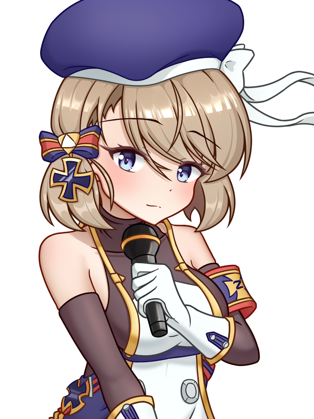 baiyi, z23 (azur lane), azur lane, commentary request, highres, 1girl, bare shoulders, beret, blue eyes, blush, bow, breasts, brown hair, buttons, cross, double-breasted, dress, gloves, hair bow, hat, holding, holding microphone, iron cross, light smile, looking at viewer, medium breasts, medium hair, microphone, solo, upper body, white dress, white gloves