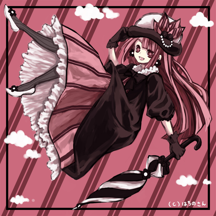 naco65, noa (kidoairaku), 1girl, closed umbrella, female focus, gloves, hat, long hair, pantyhose, pink eyes, pink hair, solo, umbrella