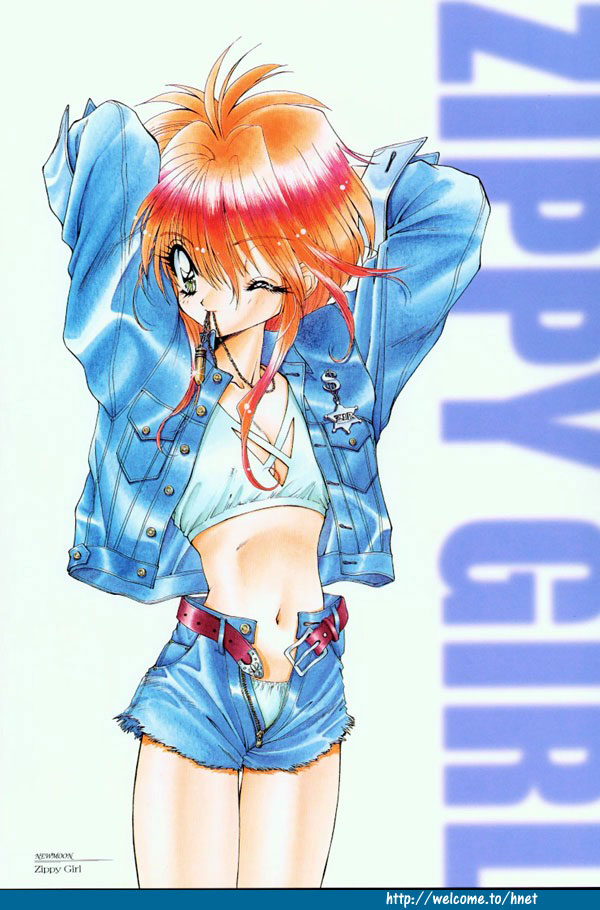 ramiya ryou, arms up, belt, denim, denim jacket, denim shorts, green eyes, jacket, jeans, navel, one eye closed, panties, pants, red hair, retro artstyle, shorts, solo, underwear, undressing, wink