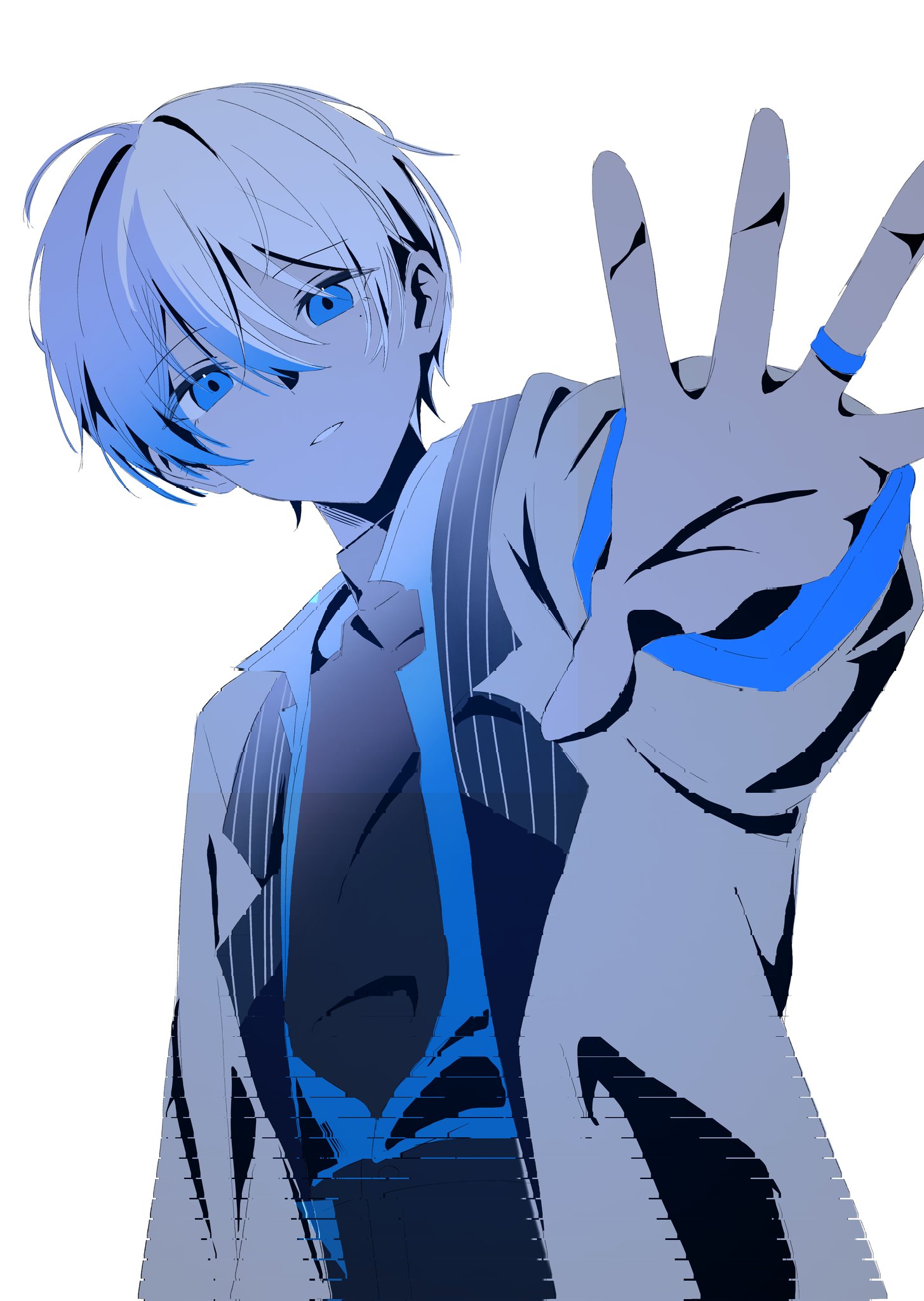 aoyagi touya, call boy (vocaloid), project sekai, hashtag-only commentary, highres, 1boy, blue eyes, blue hair, clenched teeth, collared shirt, jewelry, lapels, long sleeves, looking at viewer, male focus, multicolored hair, notched lapels, outstretched arm, outstretched hand, ring, shiba yoyoyo, shirt, short hair, simple background, solo, split-color hair, teeth, turtleneck, two-tone hair, upper body, white background