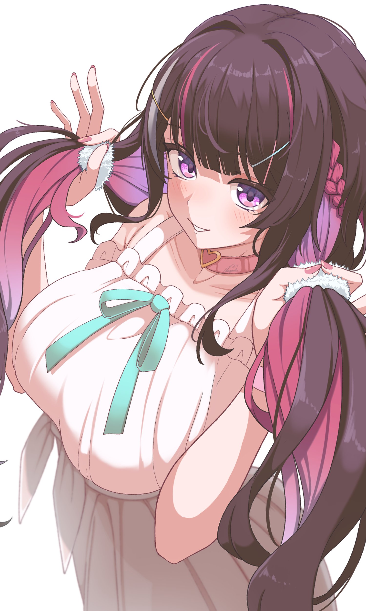 benjamin 1kt, azki (hololive), hololive, absurdres, highres, 1girl, aqua bow, bow, braid, breasts, brown hair, choker, colored inner hair, hair ornament, hair scrunchie, heart, heart choker, holding, holding own hair, large breasts, looking at viewer, looking up, multicolored hair, pink choker, pink hair, purple eyes, scrunchie, smile, solo, streaked hair, twintails, white background