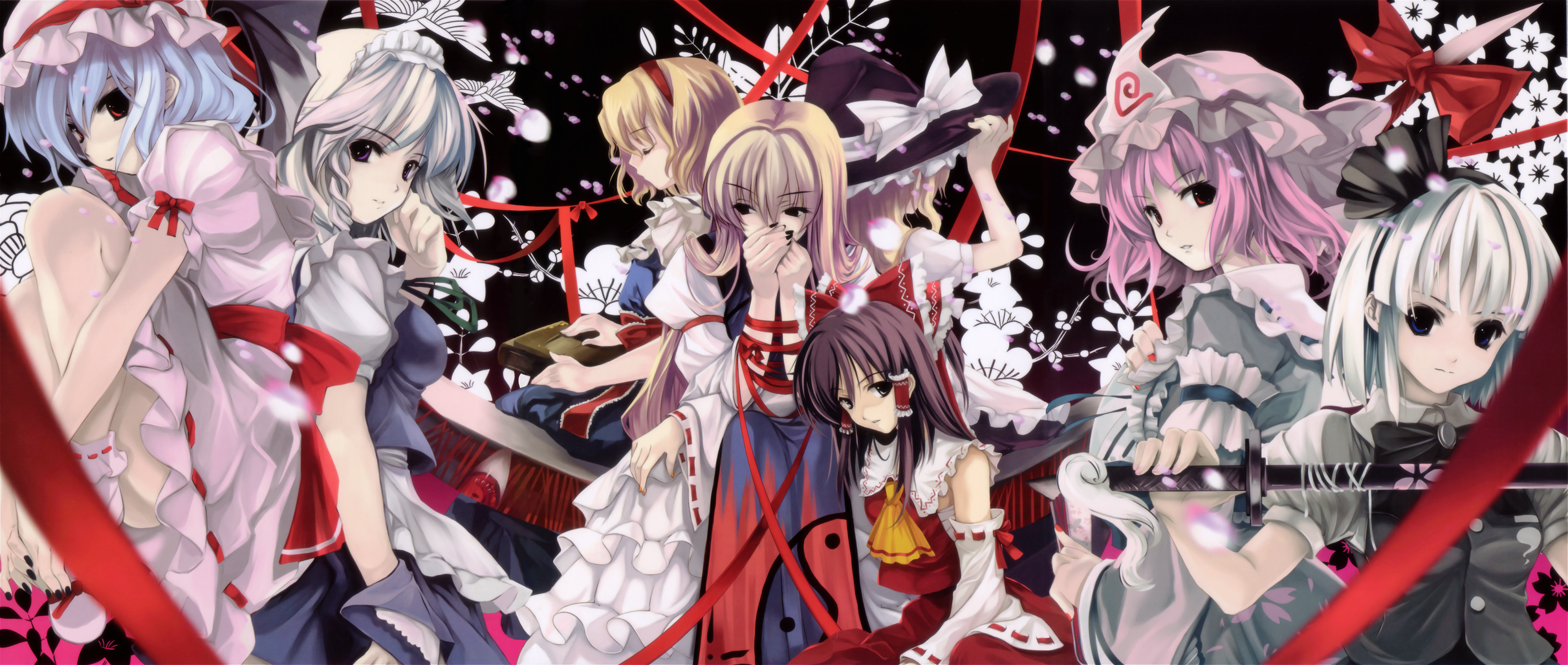 cradle (circle), misaki kurehito, alice margatroid, hakurei reimu, izayoi sakuya, kirisame marisa, konpaku youmu, remilia scarlet, saigyouji yuyuko, yakumo yukari, imperishable night, team shanghai alice, touhou, highres, 6+girls, apron, arm garter, ascot, bare shoulders, black dress, black hair, black nails, blonde hair, book, bow, braid, brown eyes, brown hair, closed eyes, detached sleeves, dress, everyone, female focus, fetal position, floral print, flower, frilled dress, frills, grey hair, hair tubes, hairband, hat, hat bow, japanese clothes, katana, looking at viewer, maid, maid apron, maid headdress, miko, mob cap, multiple girls, nail polish, own hands together, petals, pink dress, pink eyes, pink hair, puffy short sleeves, puffy sleeves, purple hair, red bow, red eyes, ribbon, ribbon-trimmed sleeves, ribbon trim, scabbard, sheath, sheathed, short sleeves, smile, socks, sword, triangular headpiece, twin braids, waist apron, weapon, white dress, white hair, witch, witch hat