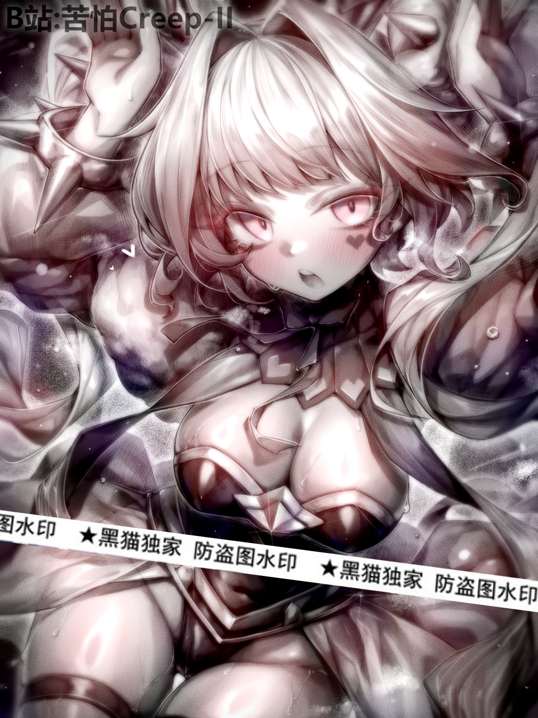 kupa (jesterwii), maliss <p> white rabbit, yu-gi-oh!, chinese commentary, commentary request, highres, 1girl, animal ears, bilibili username, blush, breasts, cleavage, covered navel, duel monster, greyscale, hair intakes, heart, large breasts, looking at viewer, monochrome, open mouth, rabbit ears, rabbit girl, solo, teeth, twintails, upper teeth only, watermark