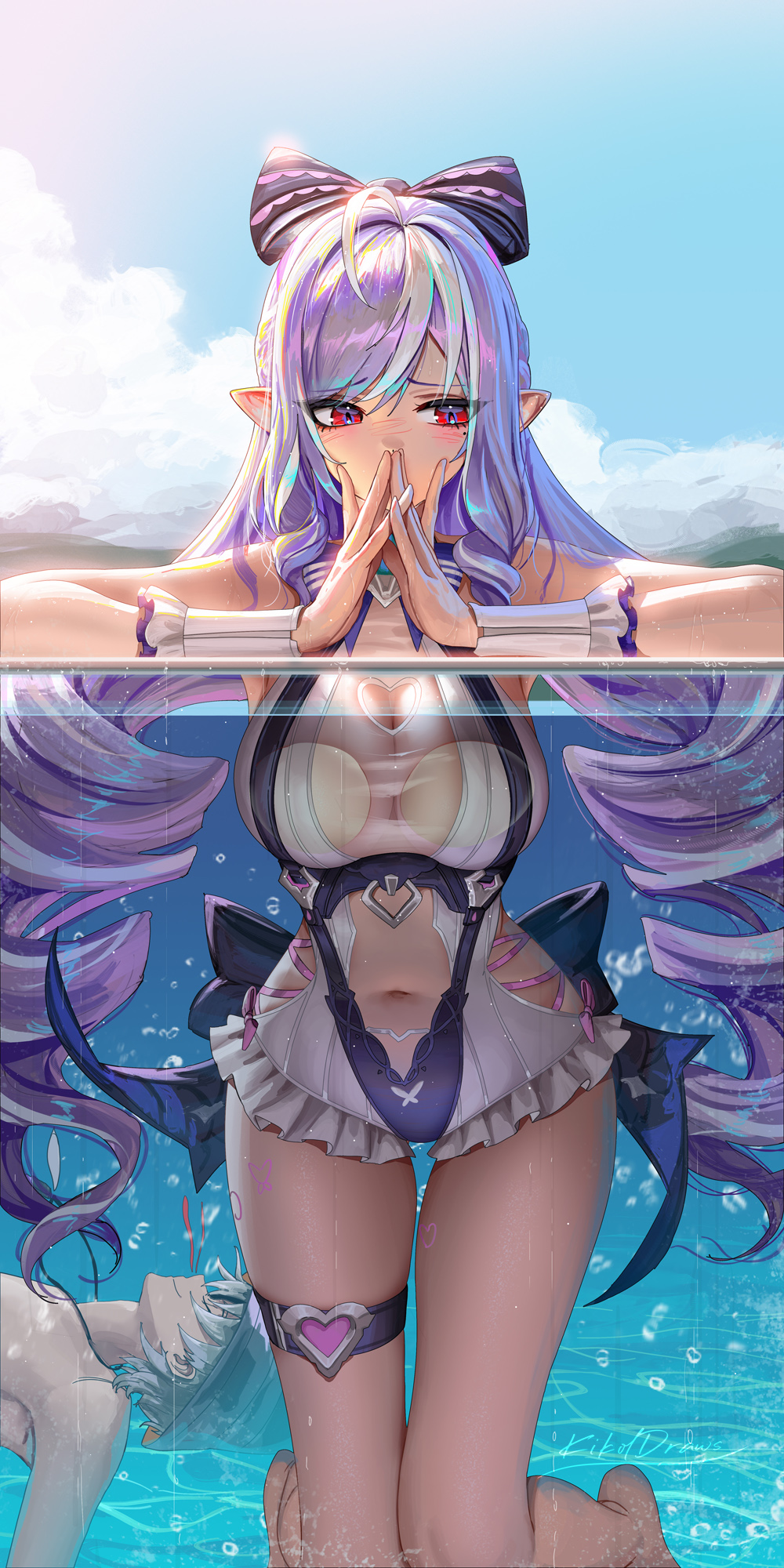 liang xing, vivian banshee, vivian banshee (iris of the shore), wise (zenless zone zero), zenless zone zero, highres, 1boy, 1girl, against fourth wall, averting eyes, breast press, breasts, clothing cutout, covering own mouth, day, drill hair, grey hair, heart cutout, large breasts, long hair, navel, official alternate costume, one-piece swimsuit, partially underwater shot, pink hair, pointy ears, red eyes, sidelocks, stomach cutout, swimsuit, twin drills, water, white one-piece swimsuit