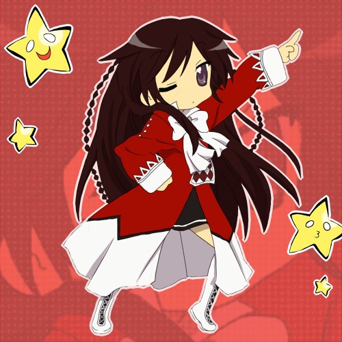 alice (pandora hearts), lucky star, pandora hearts, lowres, 1girl, boots, brown eyes, brown hair, chibi, crossover, female focus, long hair, miniskirt, o3o, one eye closed, parody, purple eyes, ribbon, skirt, solo, star (symbol), very long hair, wink