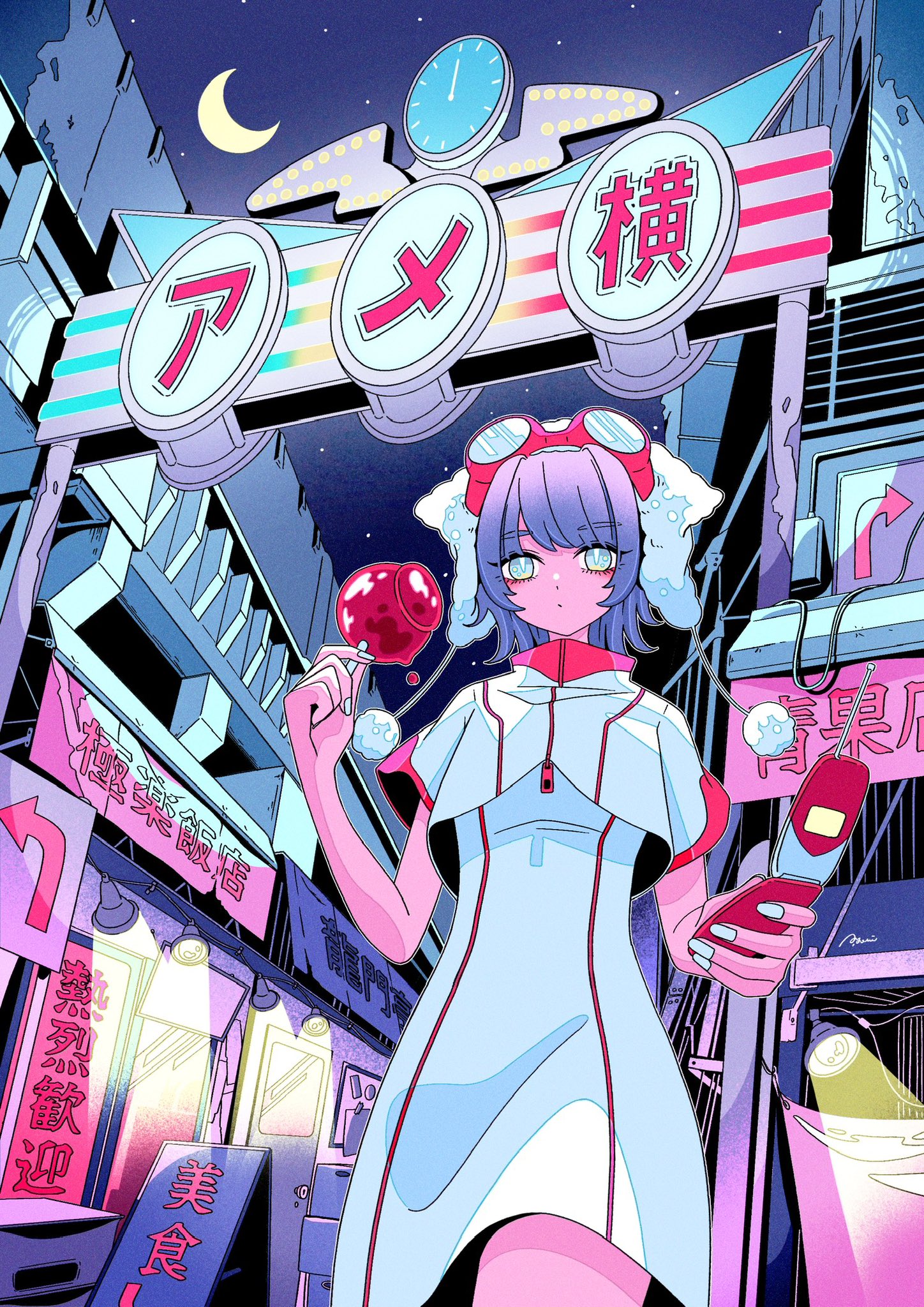 nakazawa ayami, original, commentary, highres, 1girl, arrow (symbol), candy apple, cellphone, clock, closed mouth, cowboy shot, crescent moon, dress, flip phone, food, from below, goggles, goggles on head, grey eyes, hair between eyes, hat, holding, holding candy apple, holding food, holding phone, looking at viewer, moon, night, night sky, phone, purple hair, red goggles, sky, solo, star (sky), white dress, white hat, white nails
