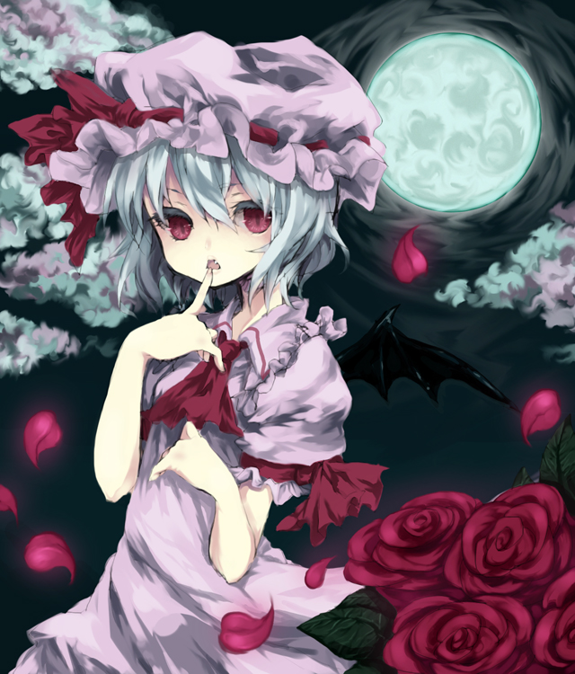 naco65, noa (kidoairaku), remilia scarlet, touhou, 1girl, bat wings, blue hair, female focus, flower, hat, moon, petals, red eyes, rose, rose petals, short hair, solo, wings