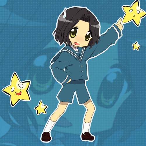 gilbert nightray, lucky star, pandora hearts, lowres, 1boy, black hair, blush, chibi, child, crossover, full body, male focus, parody, school uniform, short hair, shorts, solo, star (symbol), sweatdrop, yellow eyes