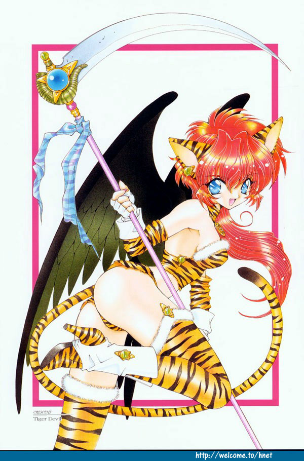 ramiya ryou, fur, animal ears, animal print, ass, blue eyes, cat ears, cat tail, earrings, jewelry, panties, red hair, retro artstyle, scythe, solo, tail, thighhighs, tiger ears, tiger print, tiger tail, underwear, wings