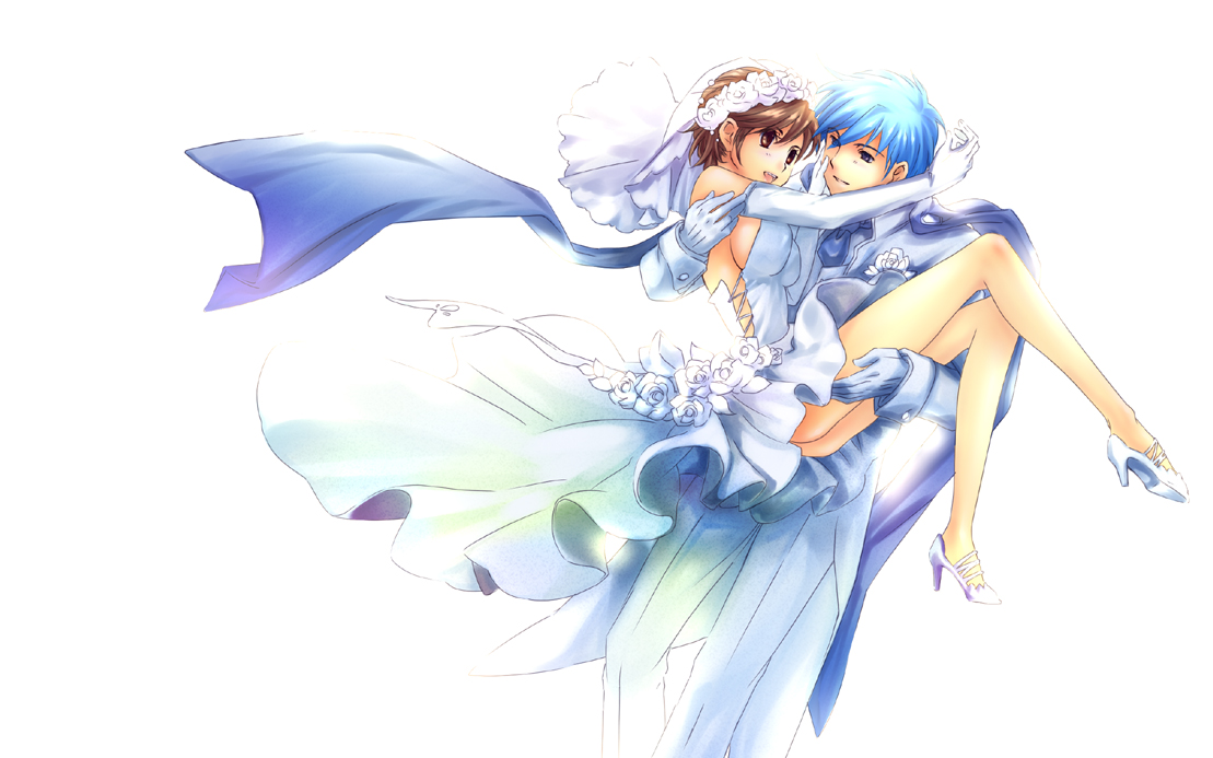 kawagoe pochi, kaito (vocaloid), meiko (vocaloid), vocaloid, bad id, bad pixiv id, 1boy, 1girl, blue eyes, blue hair, blue scarf, breasts, bride, brown eyes, brown hair, carrying, detached sleeves, dress, elbow gloves, gloves, high heels, midriff, princess carry, scarf, shoes, sideboob, smile, wedding dress