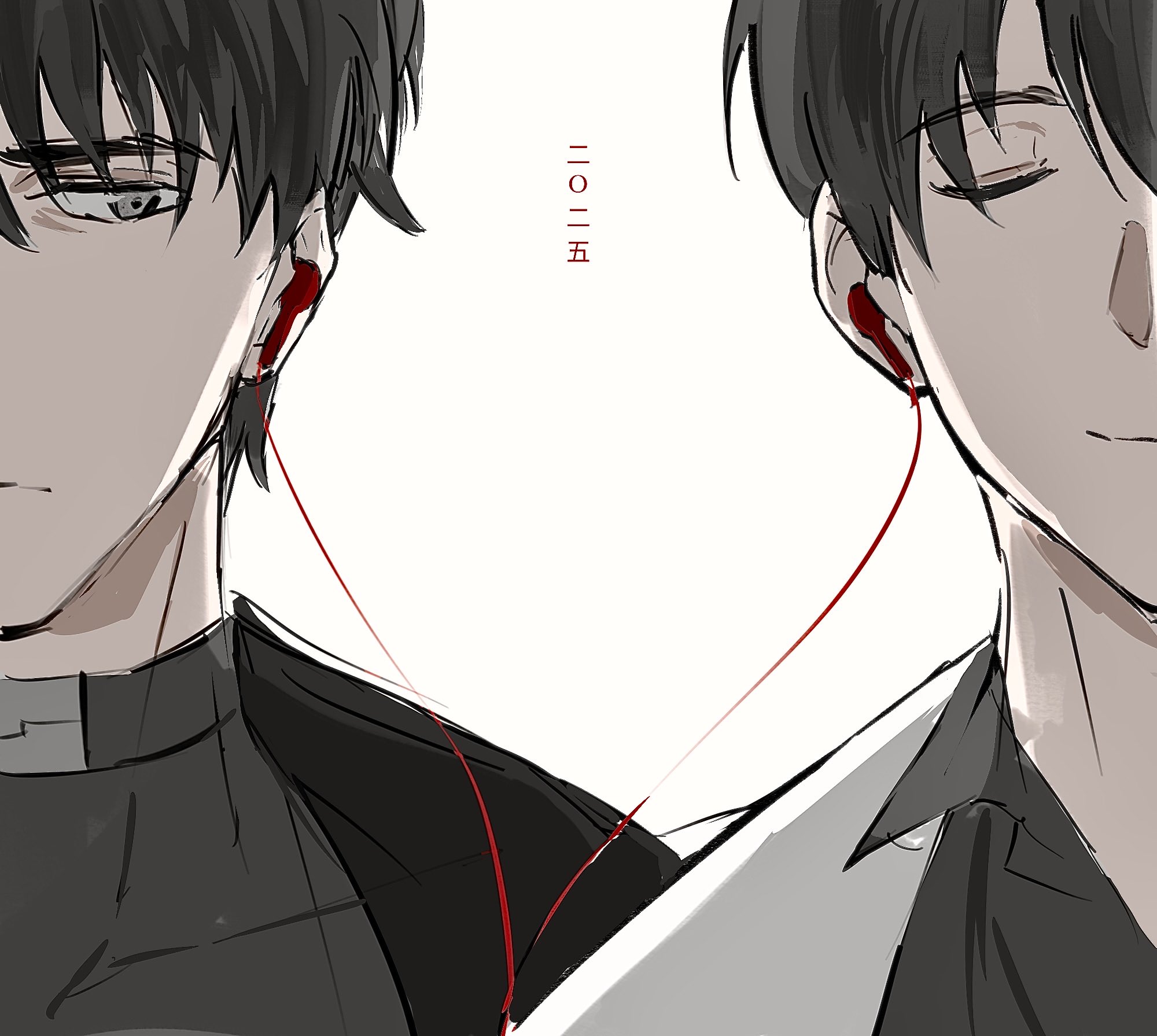 kim dokja, yoo joonghyuk, omniscient reader's viewpoint, highres, 2boys, 8d2suga9, black coat, black hair, black shirt, close-up, coat, collared shirt, earbuds, earphones, expressionless, looking at another, looking to the side, male focus, multiple boys, portrait, sharing, shirt, short hair, smile, split crop, white coat